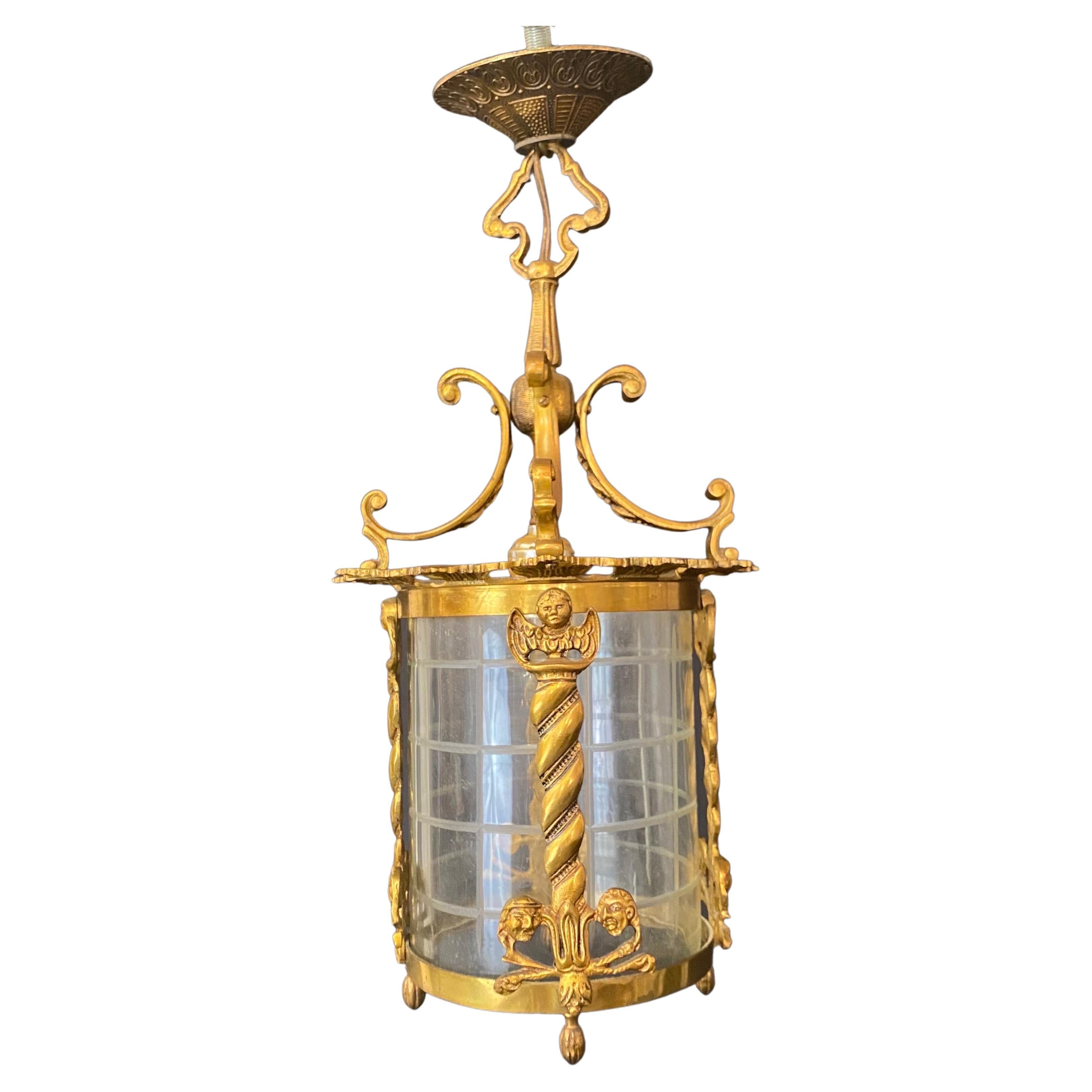 Spanish Neoclassical Revival Style Figural Gilt Iron Lantern or Pendant 