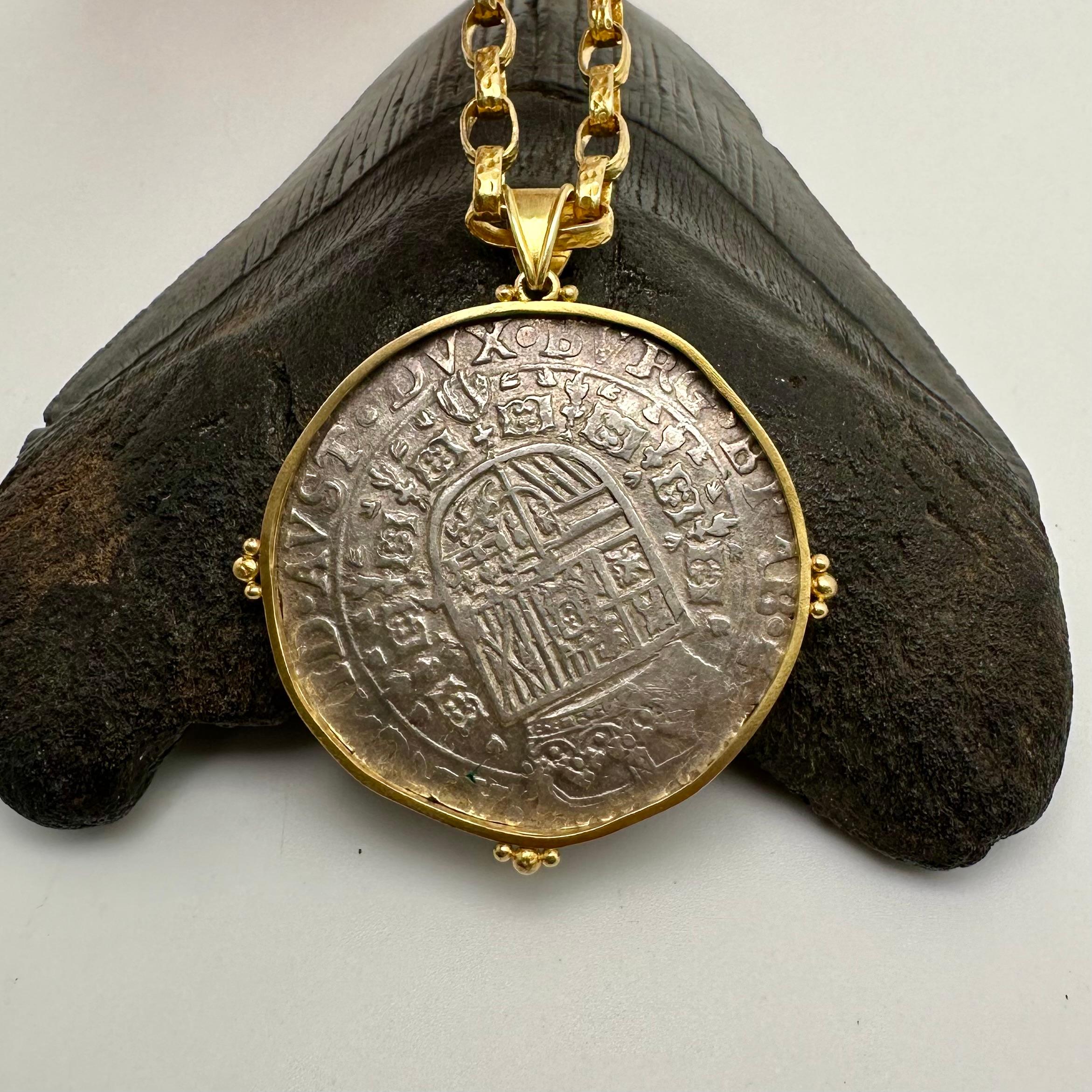 Spanish Netherlands 1654 Silver Patagon Coin 18K Gold Pendant For Sale 5