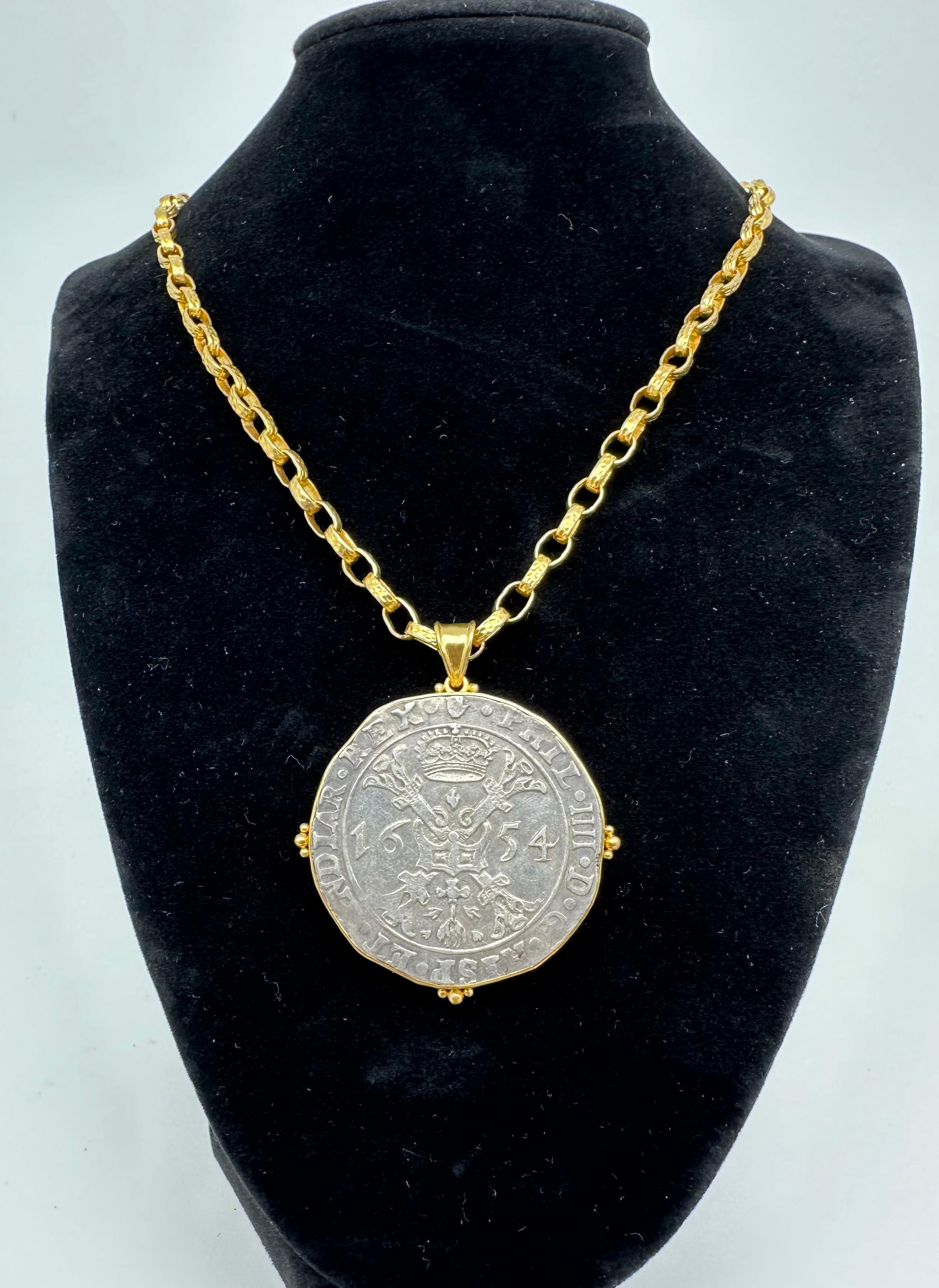 Spanish Netherlands 1654 Silver Patagon Coin 18K Gold Pendant For Sale 6