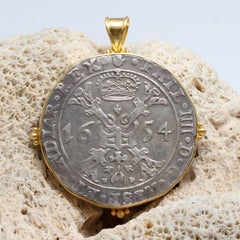 Spanish Netherlands 1654 Silver Patagon Coin 18K Gold Pendant