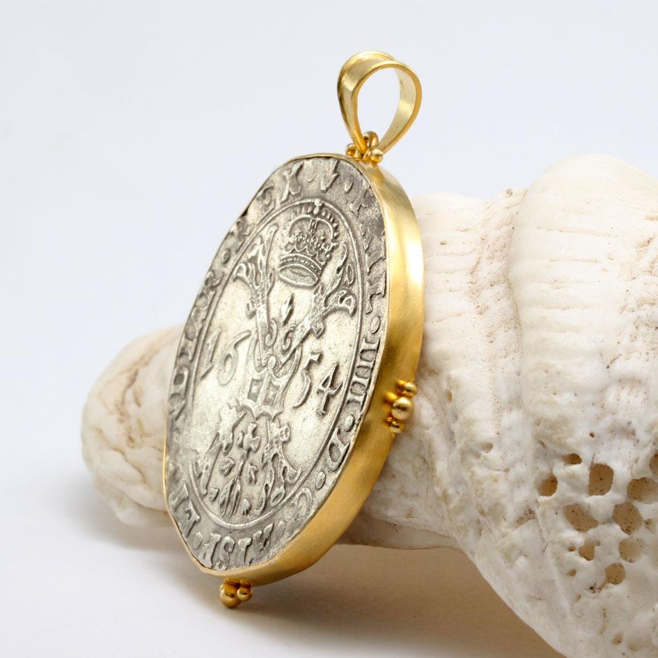 Contemporary Spanish Netherlands 1654 Silver Patagon Coin 18K Gold Pendant For Sale