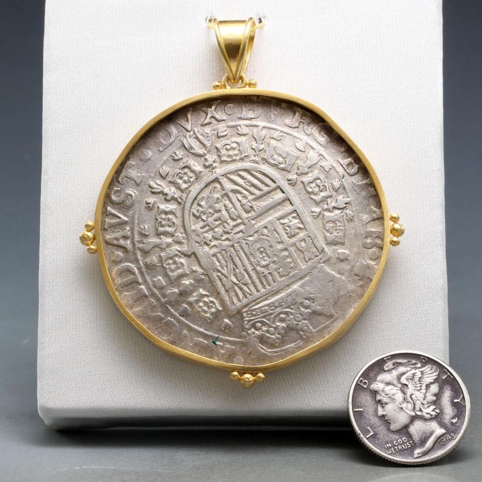 Women's or Men's Spanish Netherlands 1654 Silver Patagon Coin 18K Gold Pendant For Sale
