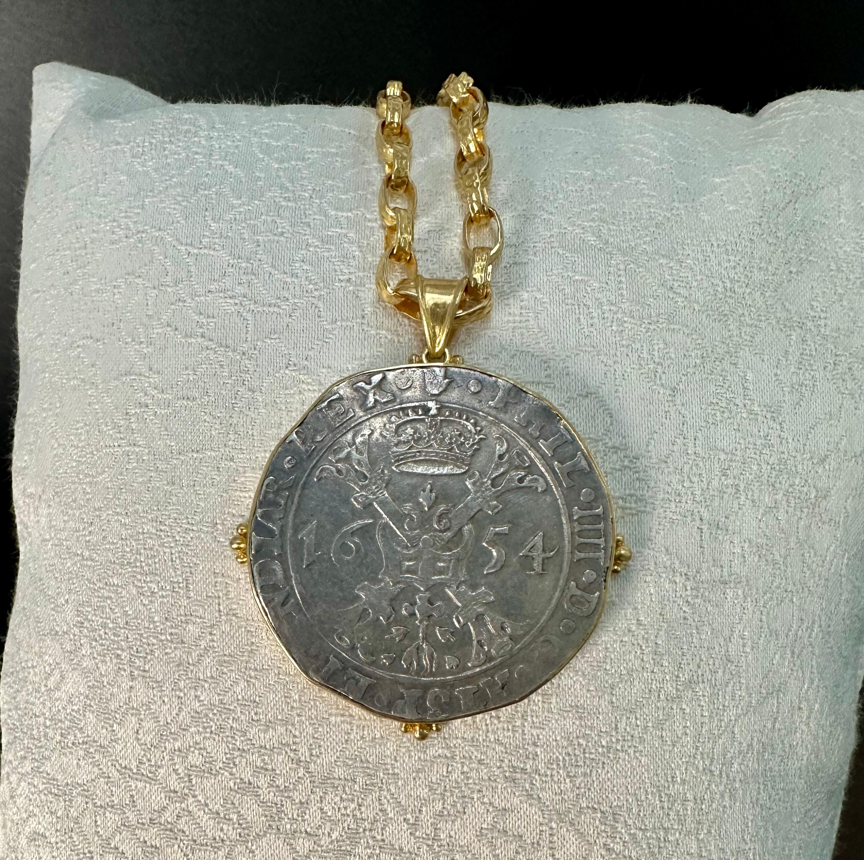 Spanish Netherlands 1654 Silver Patagon Coin 18K Gold Pendant For Sale 4