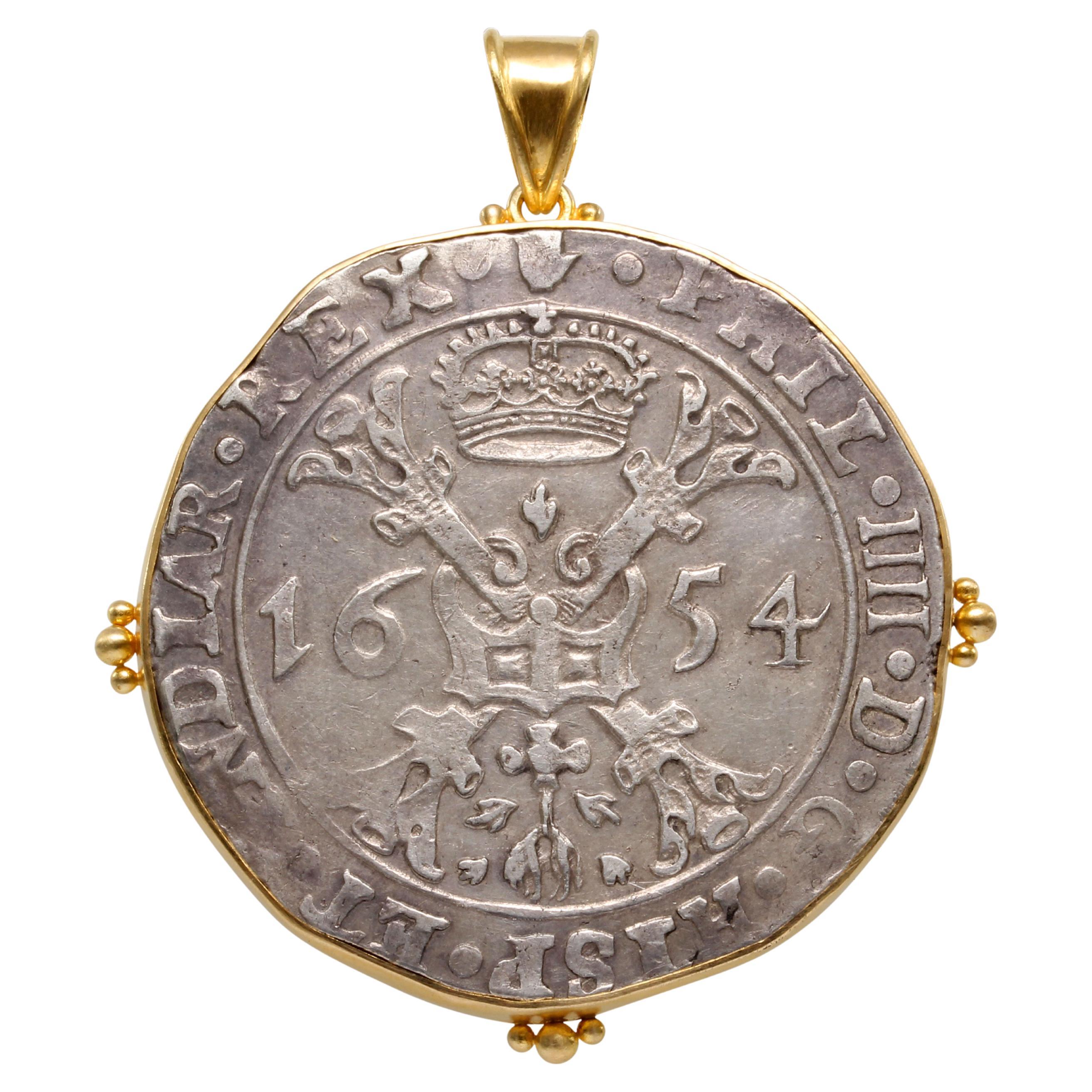 Spanish Netherlands 1654 Silver Patagon Coin 18K Gold Pendant For Sale