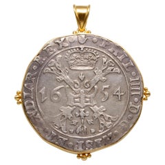 Spanish Netherlands 1654 Silver Patagon Coin 18K Gold Pendant