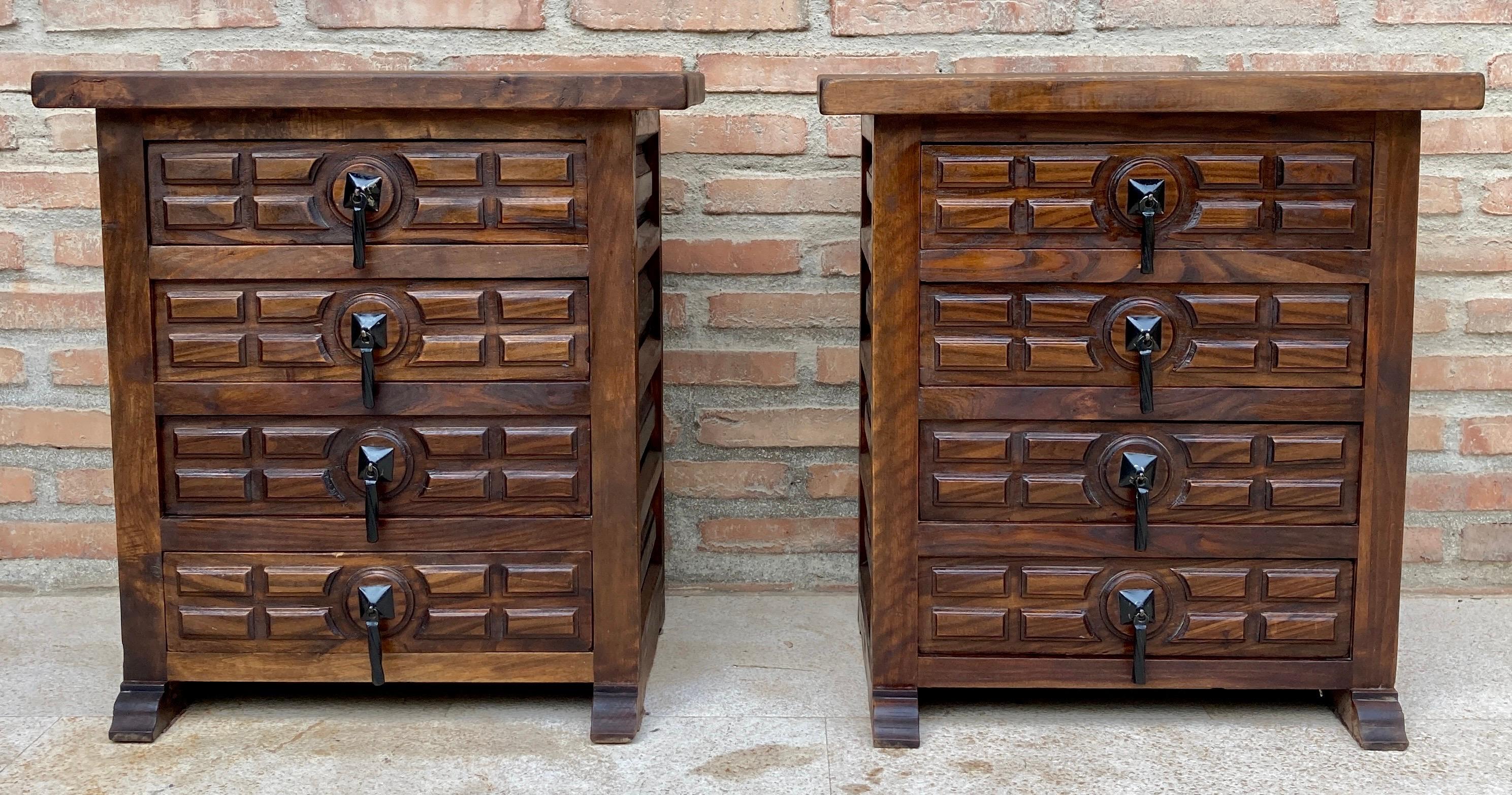 20th Century Spanish Nightstands with Four Drawers and Iron Hardware, 1950s, Set of 2 For Sale