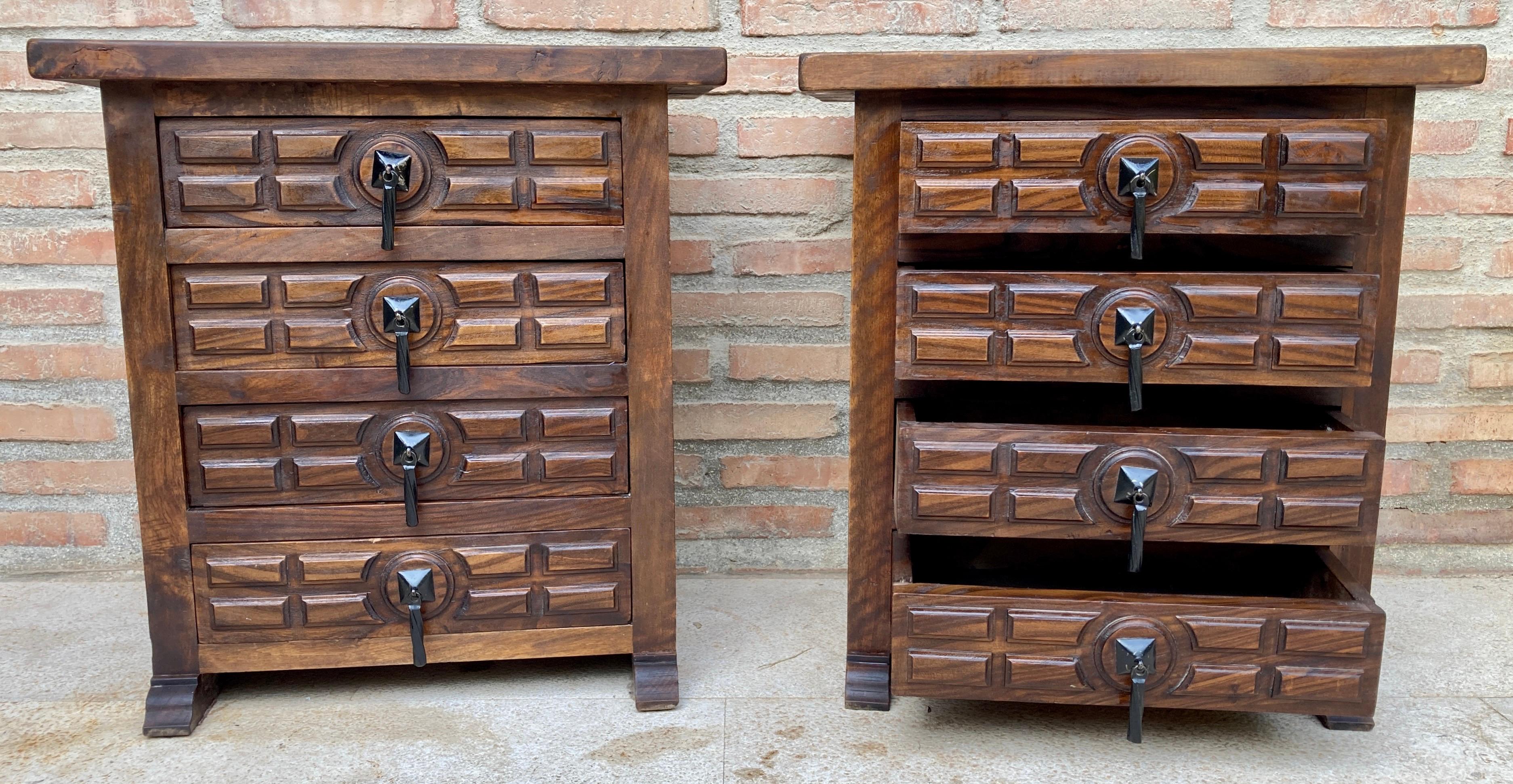 Spanish Nightstands with Four Drawers and Iron Hardware, 1950s, Set of 2 For Sale 1