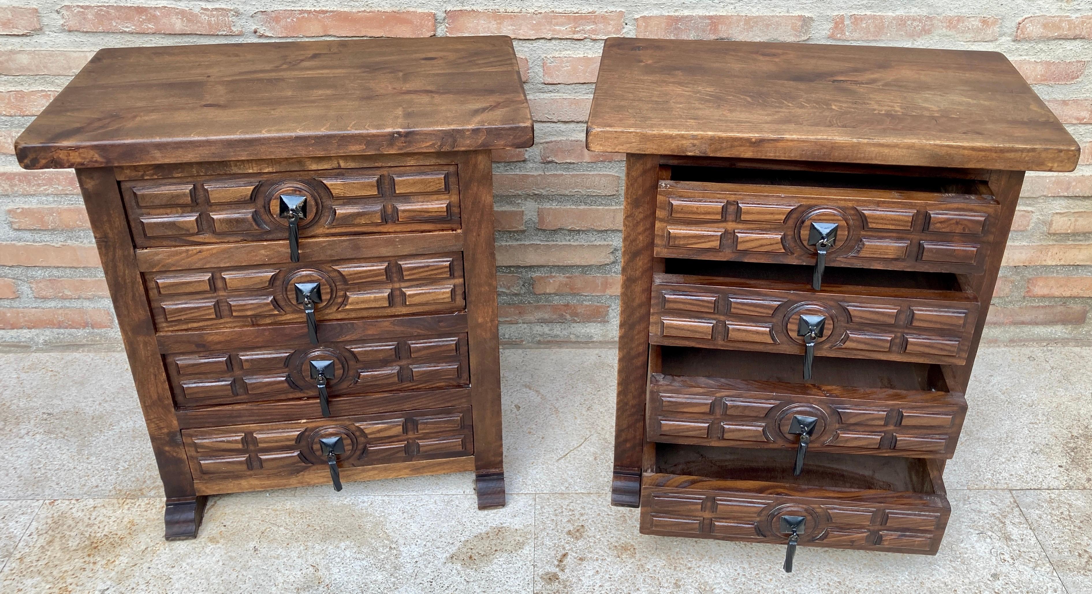 Spanish Nightstands with Four Drawers and Iron Hardware, 1950s, Set of 2 For Sale 2
