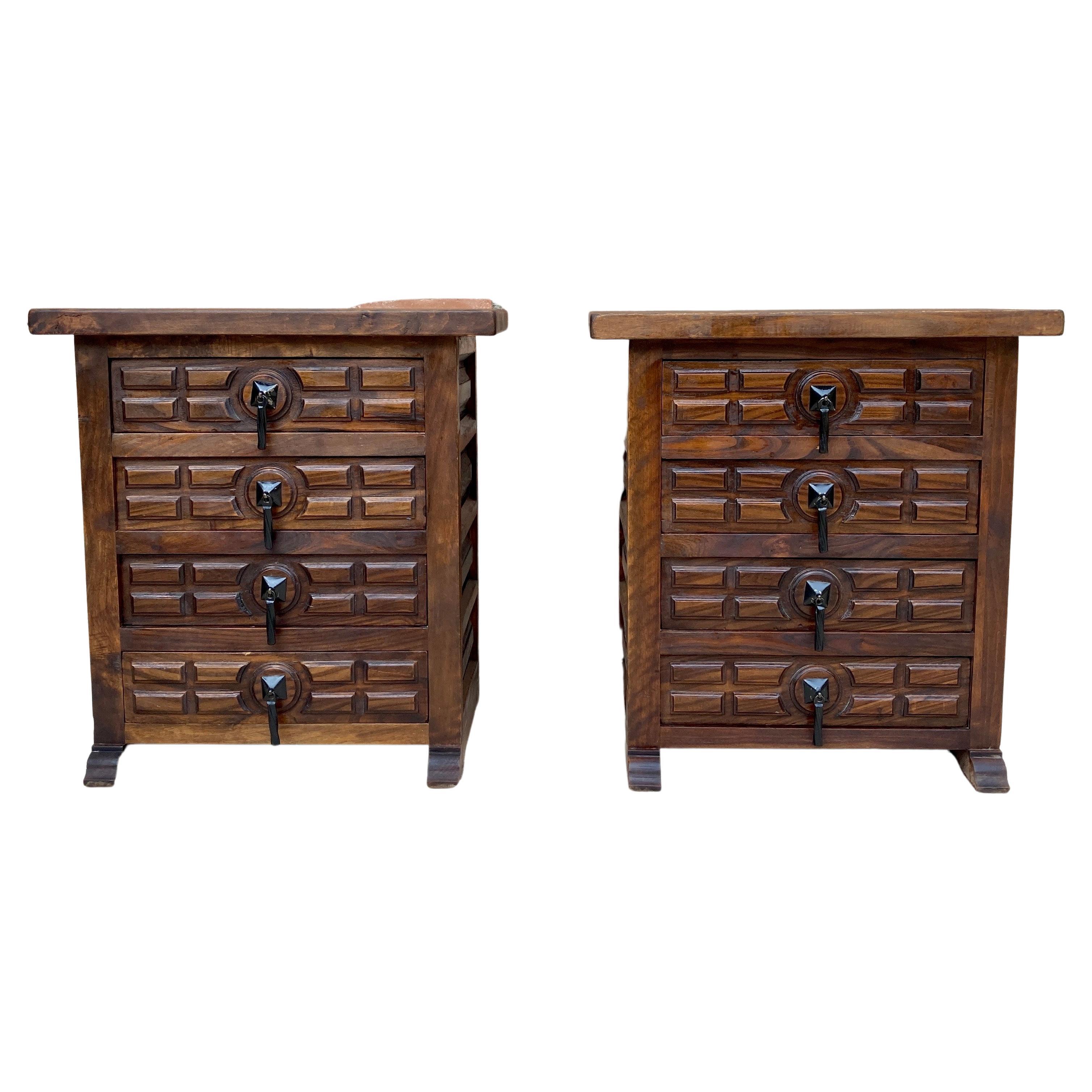 Spanish Nightstands with Four Drawers and Iron Hardware, 1950s, Set of 2 For Sale
