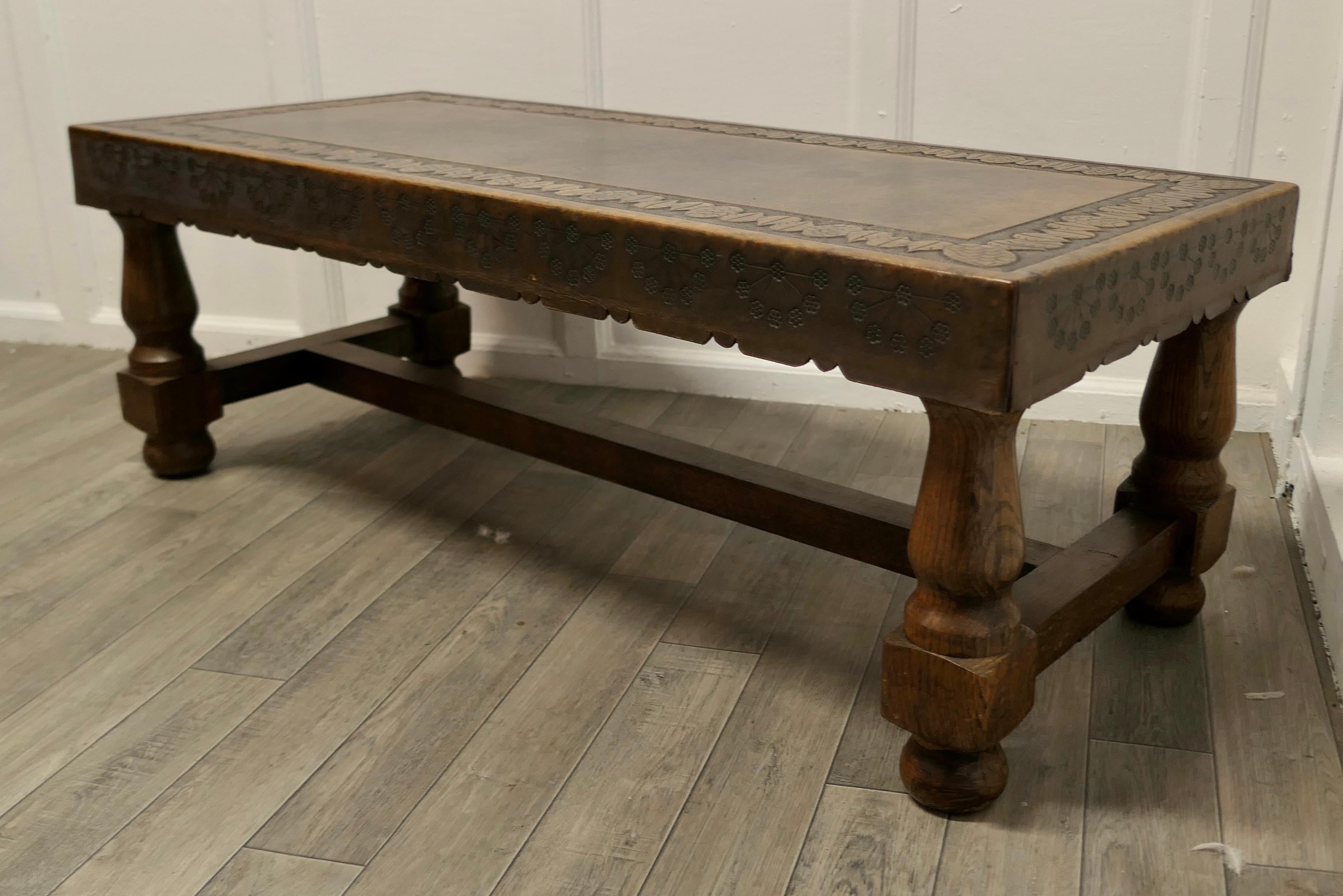 Arts and Crafts Spanish Oak and Leather Farmhouse Coffee Table  