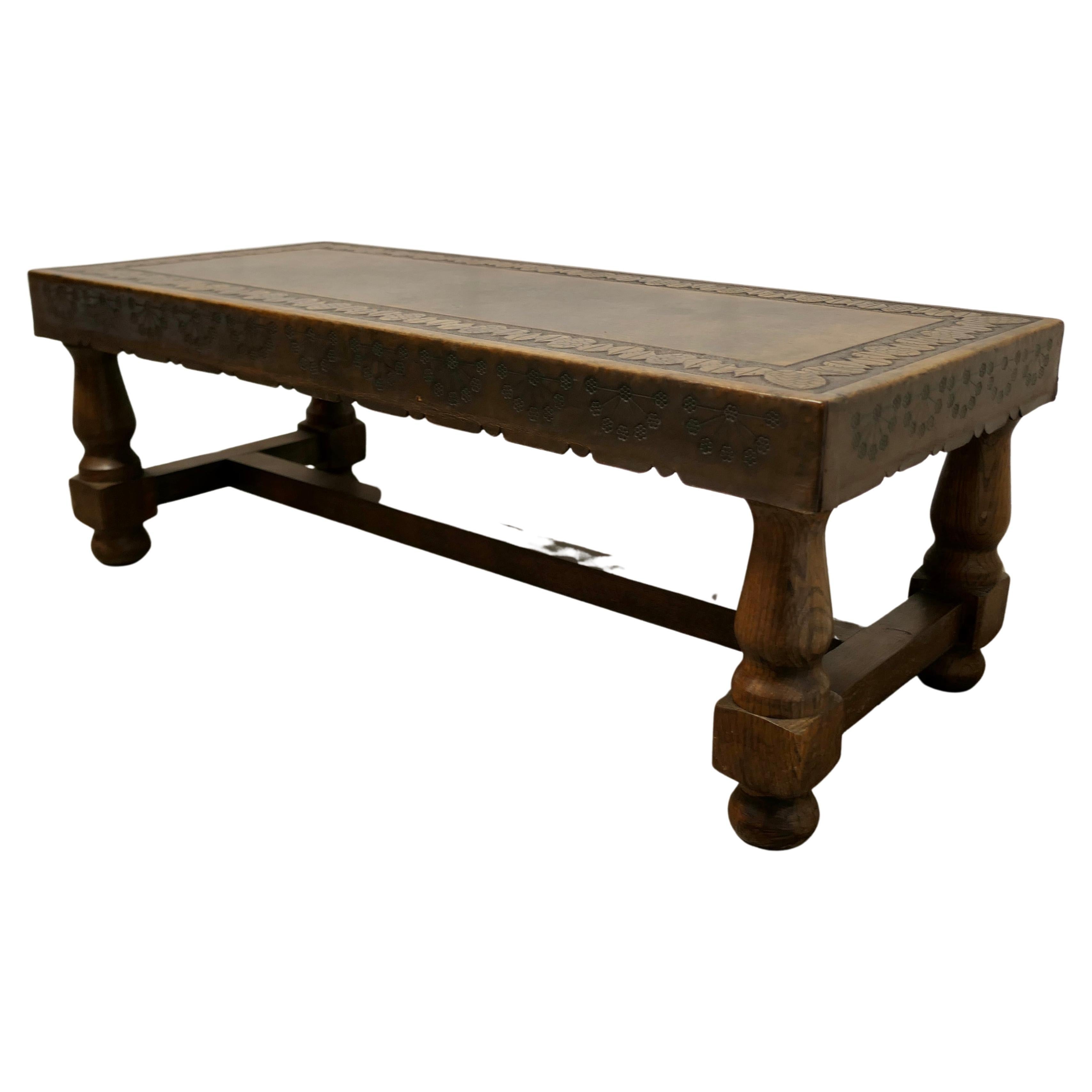 Spanish Oak and Leather Farmhouse Coffee Table  