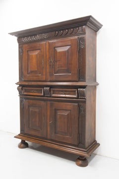 Spanish Oak Cabinet Deux Corps Buffet Gothic Revival, Late 19th Century