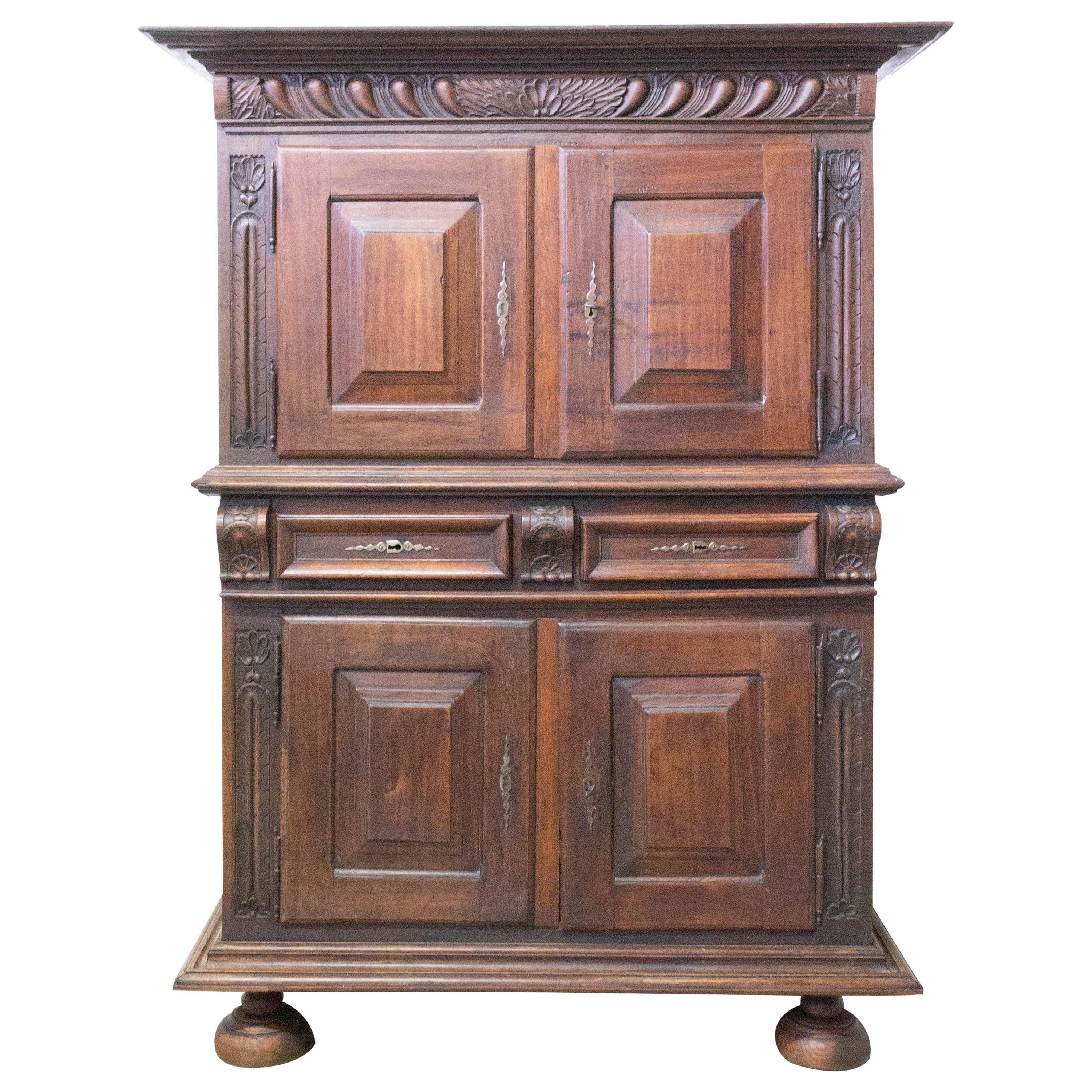 Spanish Oak Cabinet Deux Corps Buffet Gothic Revival, Late 19th Century For Sale
