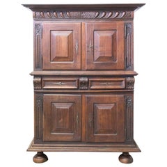 Antique Spanish Oak Cabinet Deux Corps Buffet Gothic Revival, Late 19th Century