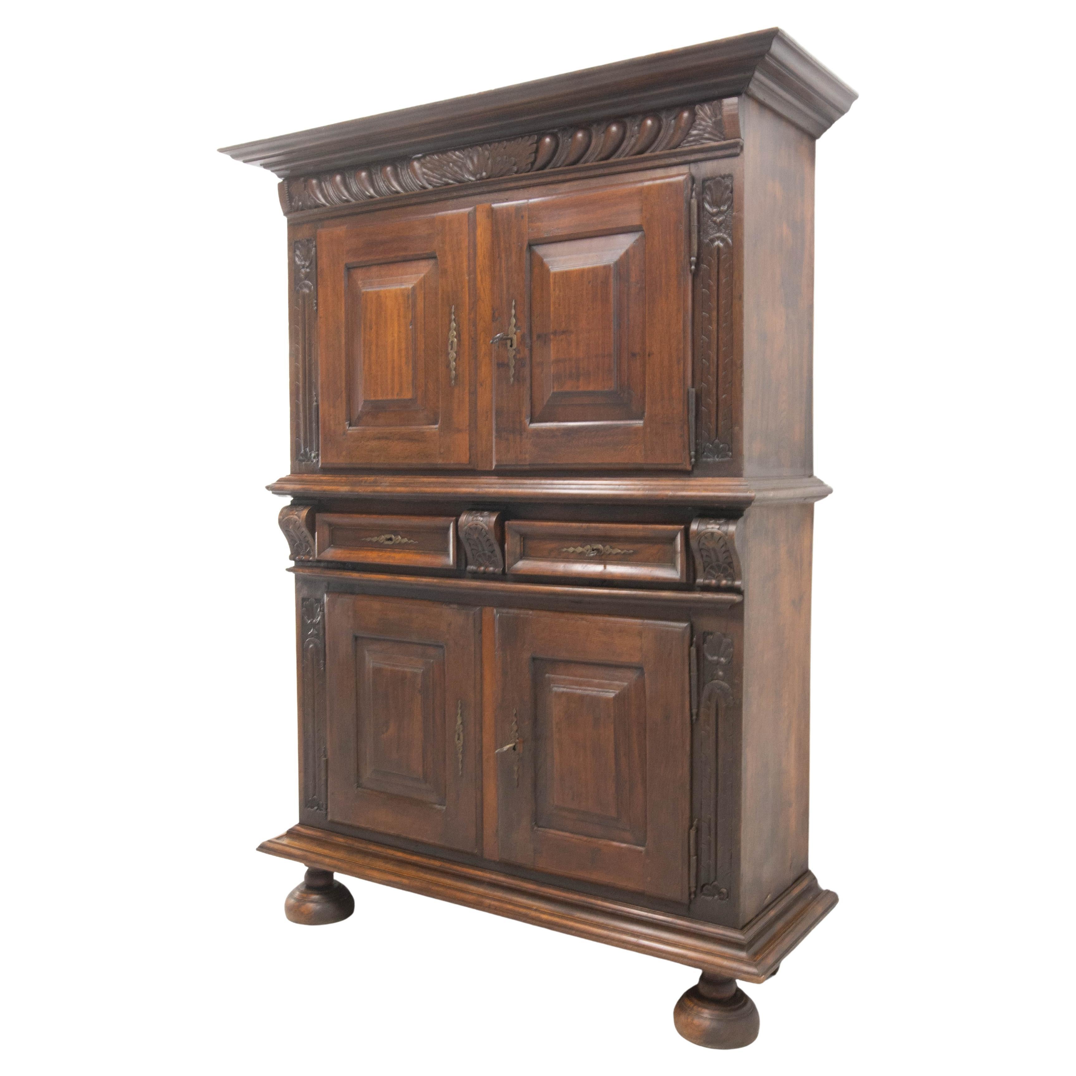 Spanish Oak Cabinet Deux Corps Buffet Gothic Revival, Late 19th Century For Sale