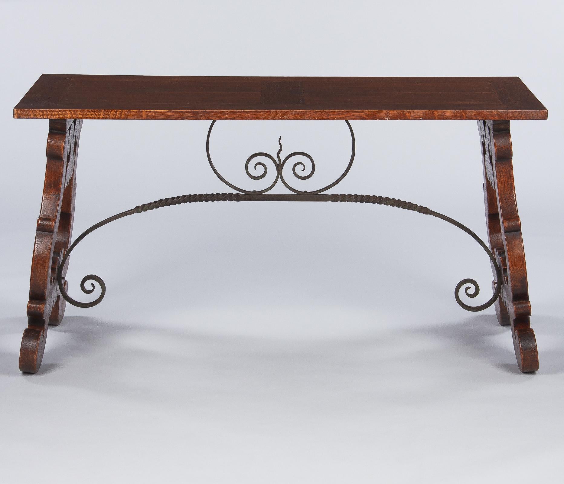 Spanish Oak Console Table with Iron Stretcher, Early 1900s 9