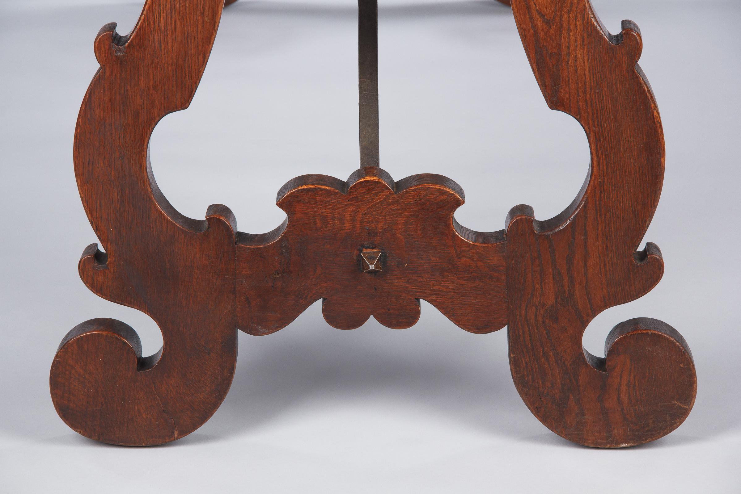 Spanish Oak Console Table with Iron Stretcher, Early 1900s 1