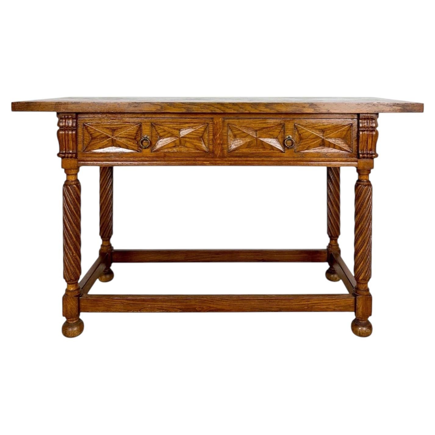 Spanish Oak Console Table with Two Drawers, 20th Century For Sale