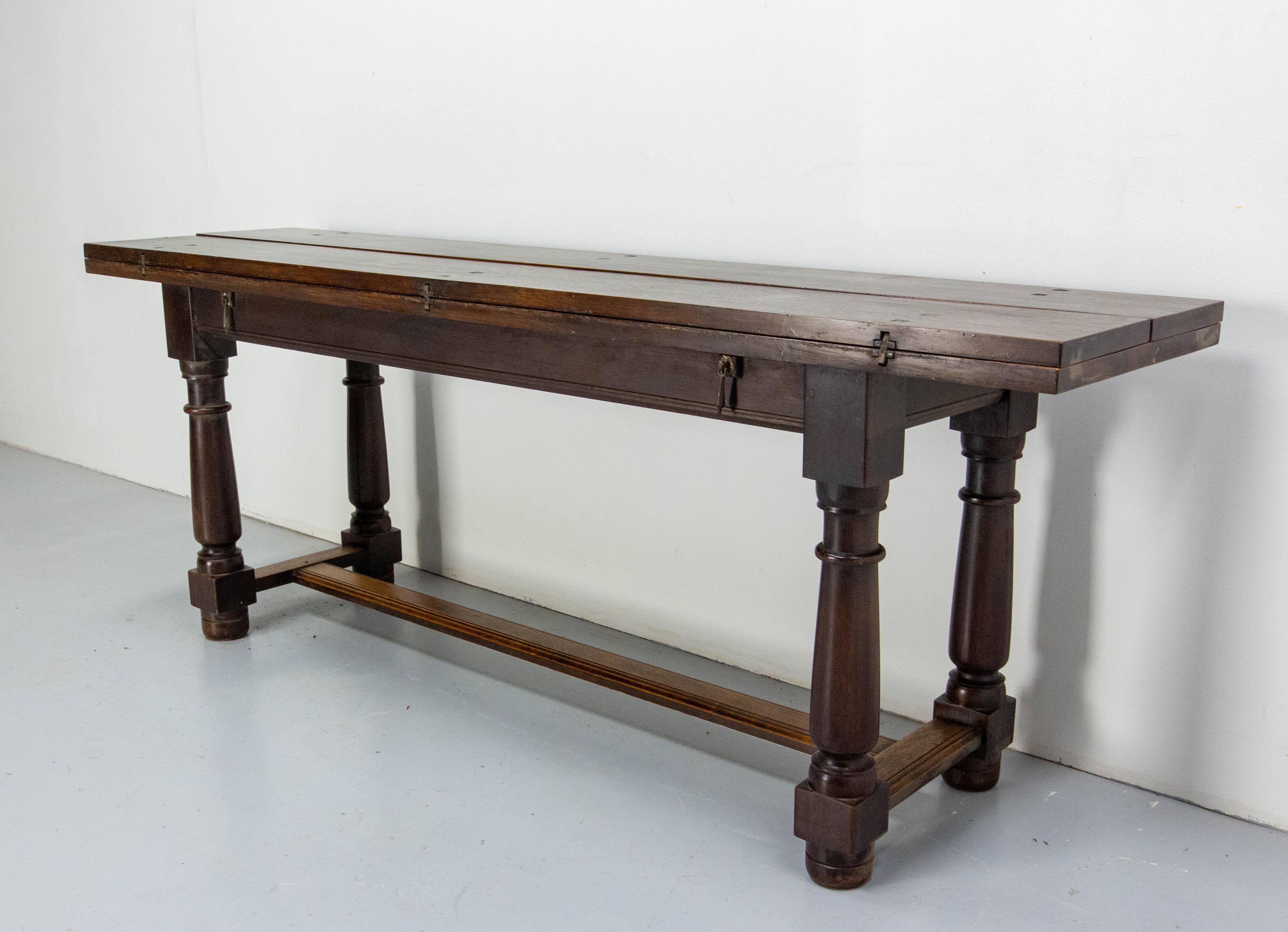 20th Century Spanish Oak Dining Table Foldable Lengthwise Console Table, circa 1960 For Sale