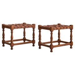 Spanish Oak + Woven Cognac Leather Stool, 1950s - 2 Available