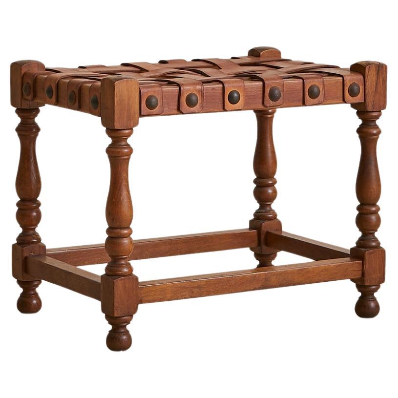 Spanish Oak + Woven Cognac Leather Stool, 1950s - 2 Available