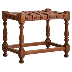 Spanish Oak + Woven Cognac Leather Stool, 1950s - 2 Available