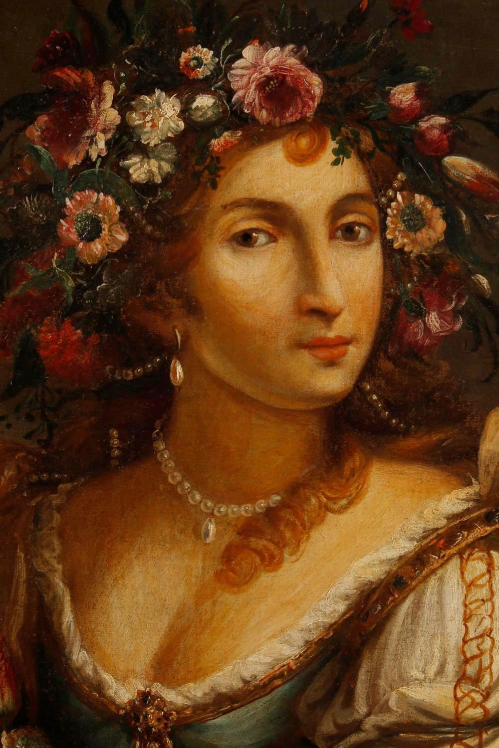 Spanish Oil on Canvas Painting Portrait of a Lady with Flowers, 19th Century For Sale 4