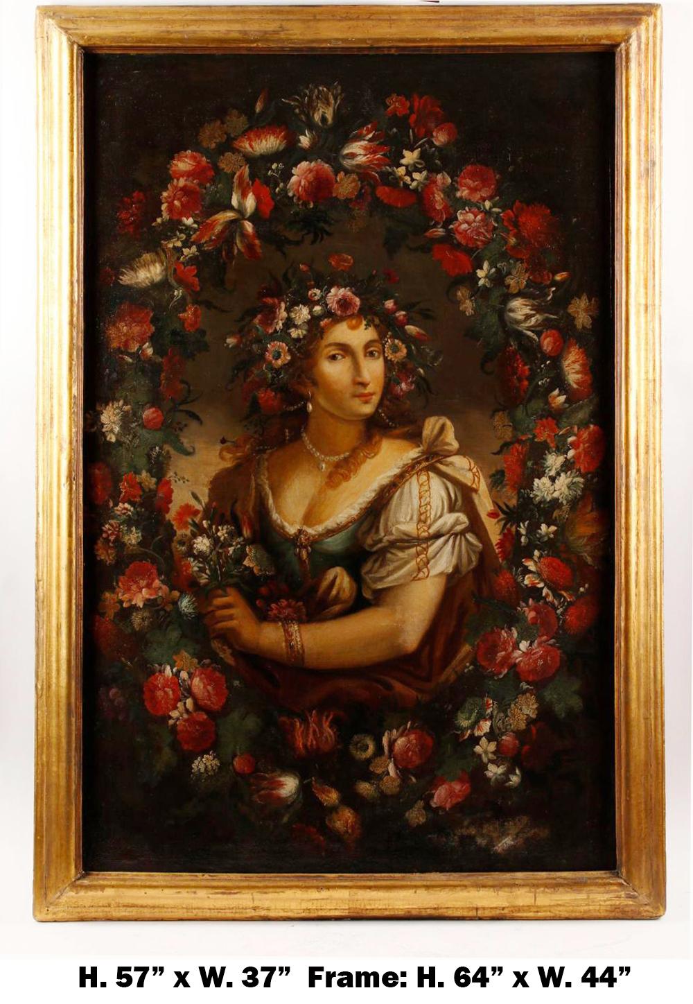 Fabulous large 19 century Spanish painting portrait of a flower girl. The canvas is laid on Masonite. 
Meticulous attention has been given to every detail.
Unsigned.

Measures: With frame: H. 64