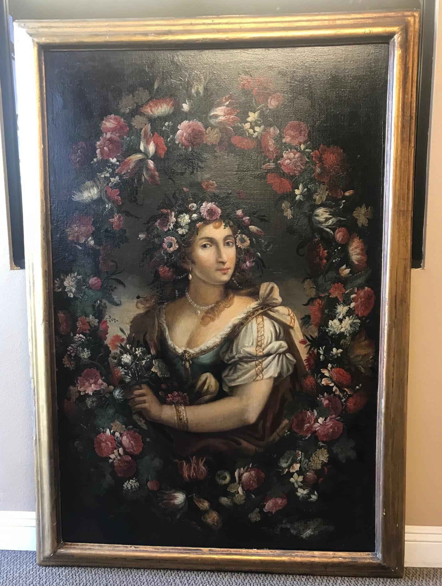 Hand-Carved Spanish Oil on Canvas Painting Portrait of a Lady with Flowers, 19th Century For Sale