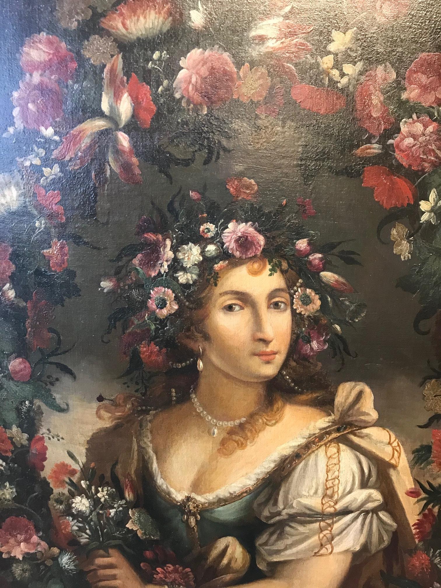 Spanish Oil on Canvas Painting Portrait of a Lady with Flowers, 19th Century In Good Condition For Sale In Cypress, CA