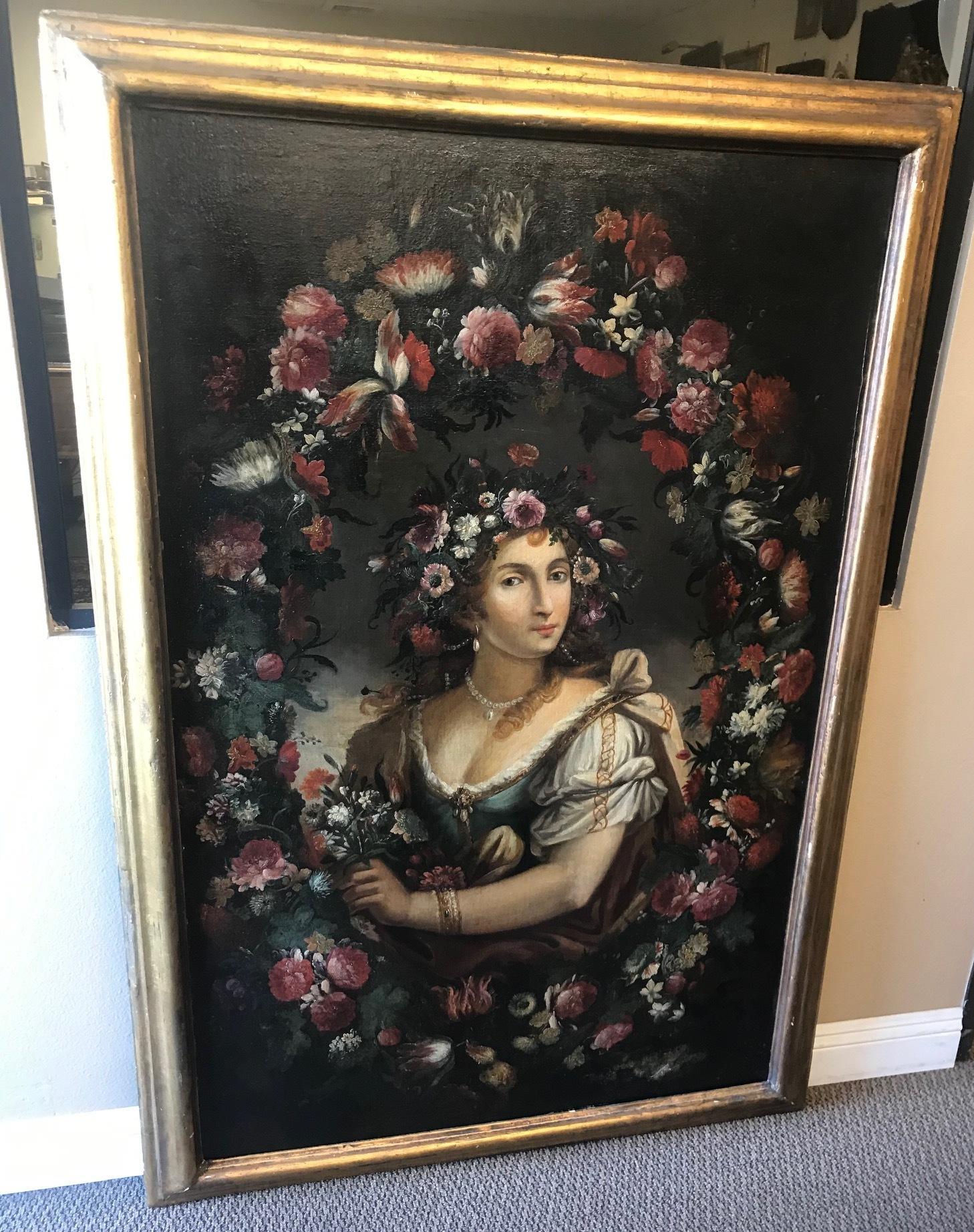Spanish Oil on Canvas Painting Portrait of a Lady with Flowers, 19th Century For Sale 1