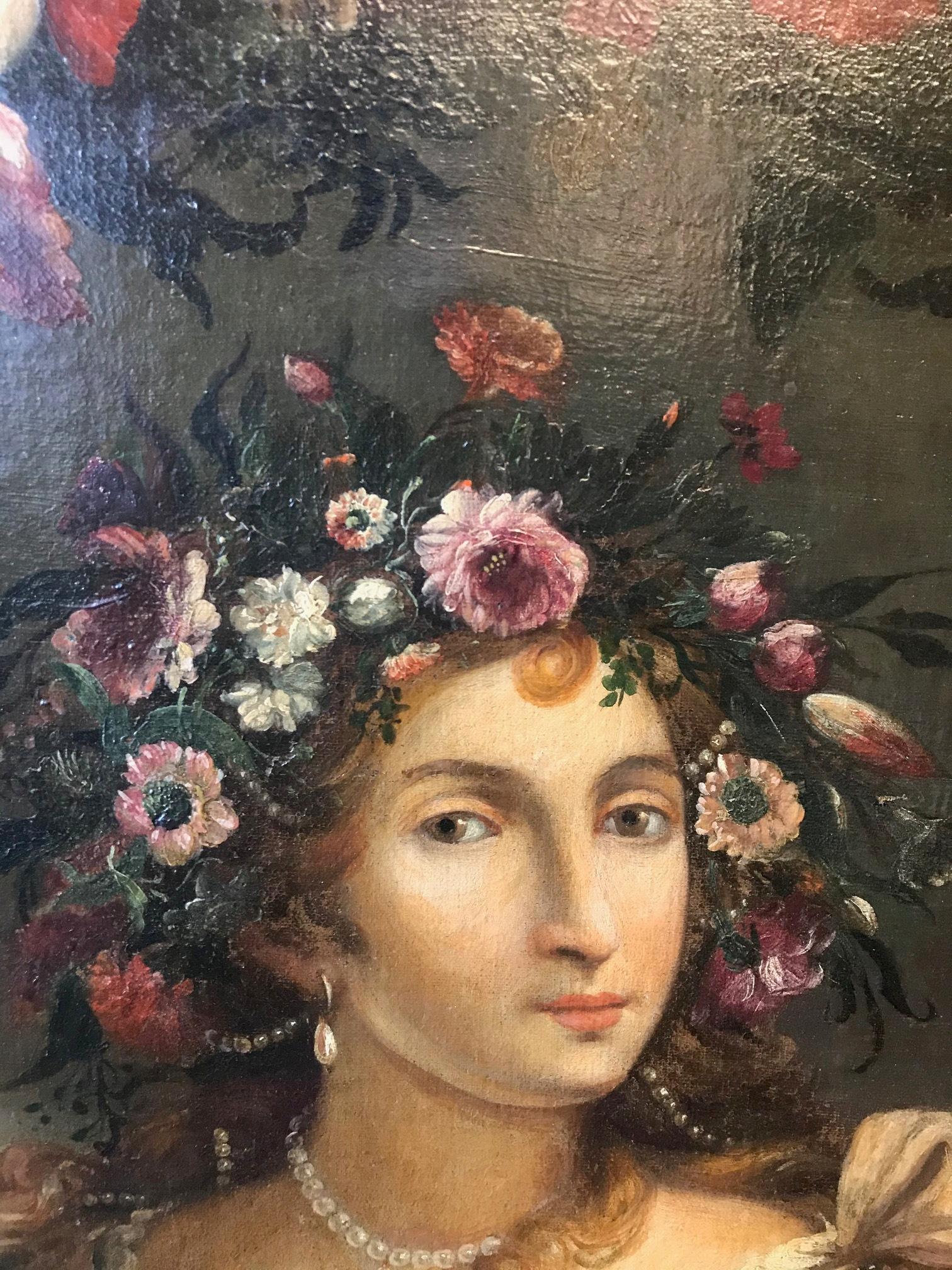 Spanish Oil on Canvas Painting Portrait of a Lady with Flowers, 19th Century For Sale 2