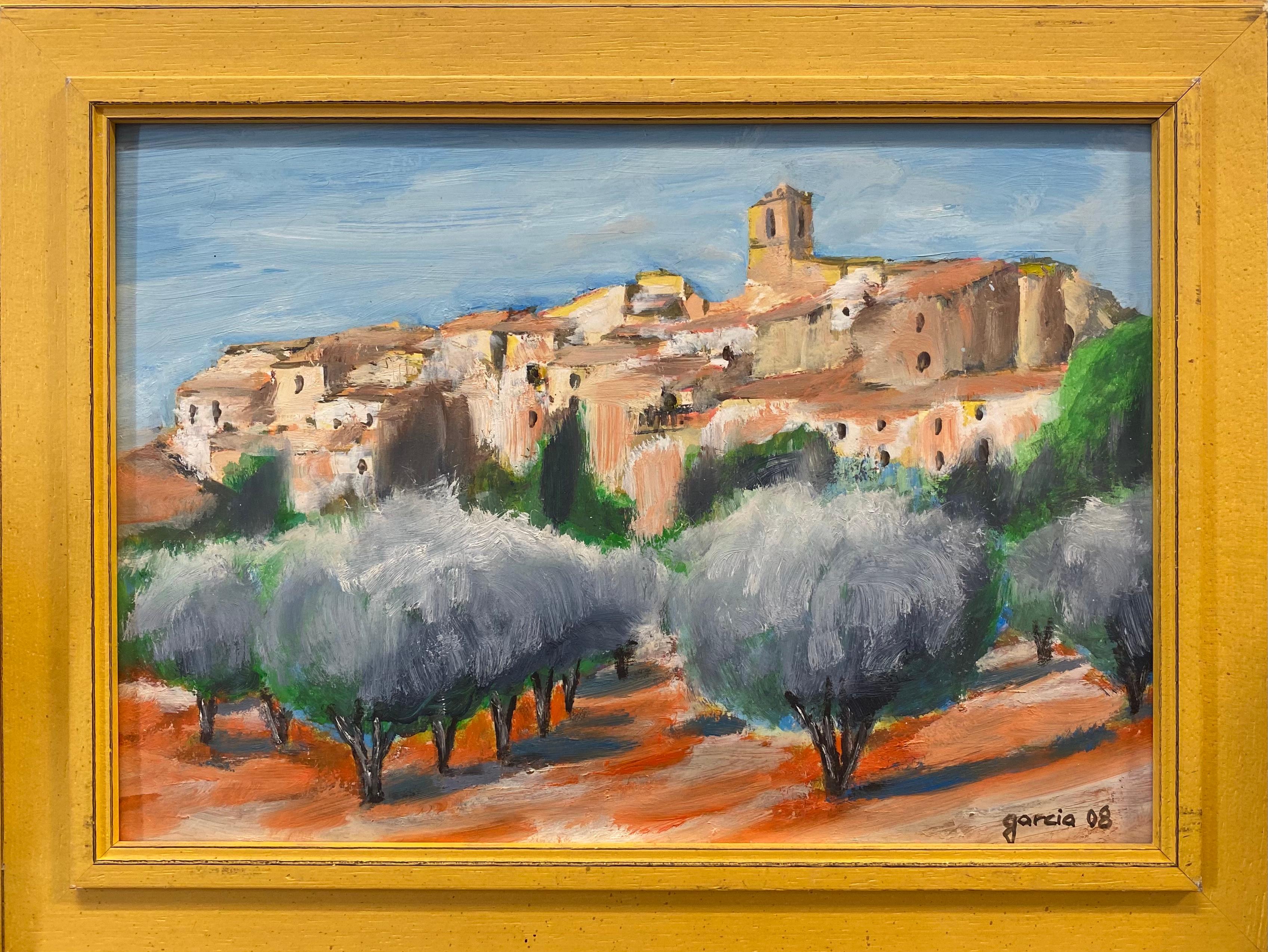 Sun Scorched Spanish Hill Top Perched Village, signed oil painting  - Painting by Spanish oil