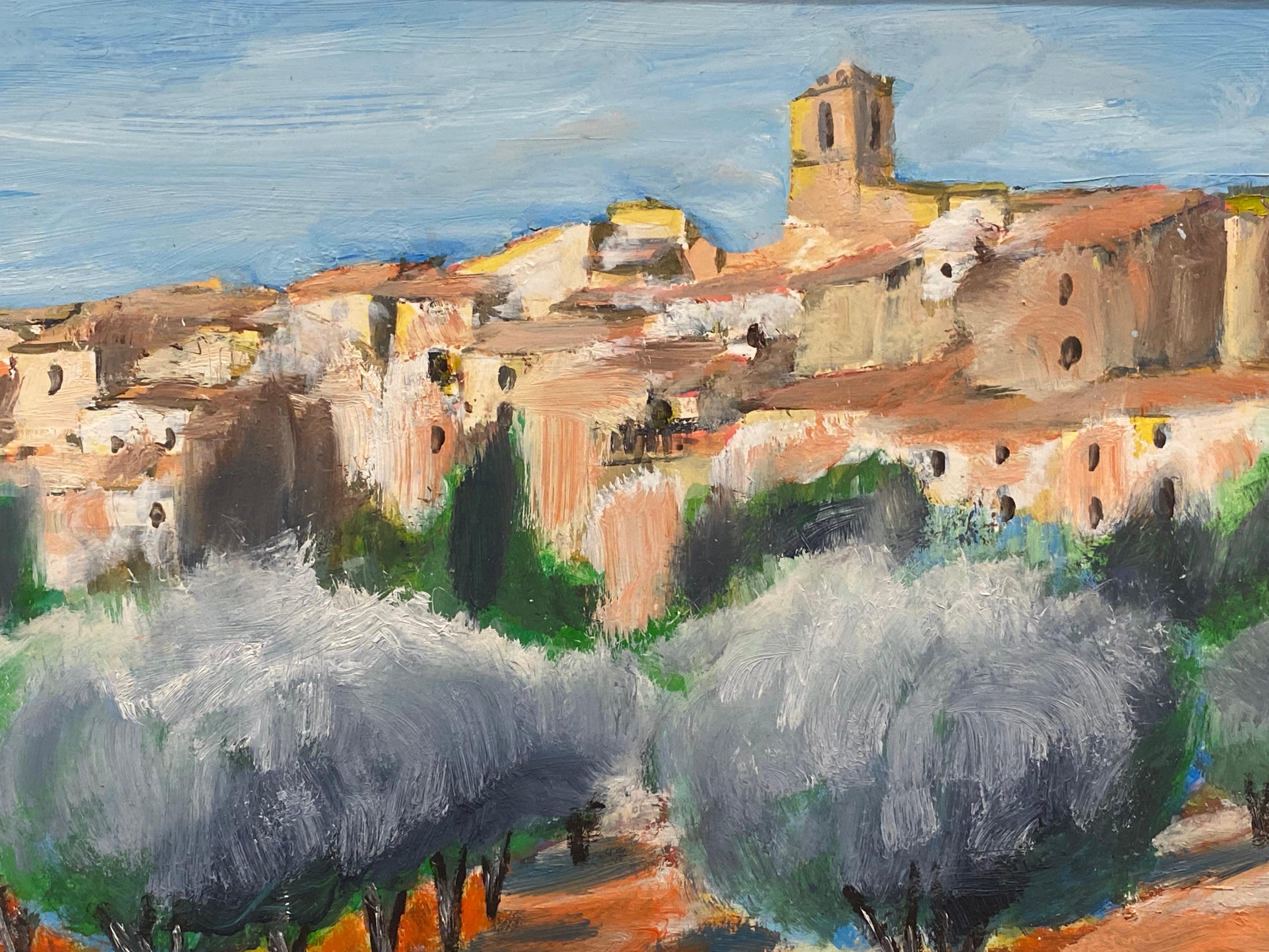 Spanish oil Landscape Painting - Sun Scorched Spanish Hill Top Perched Village, signed oil painting 