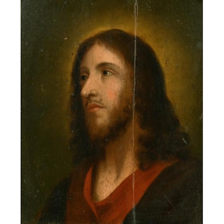 Ancien maître espagnol huile sur panneau de bois, portrait de tête du Christ - Painting de Spanish Old Master