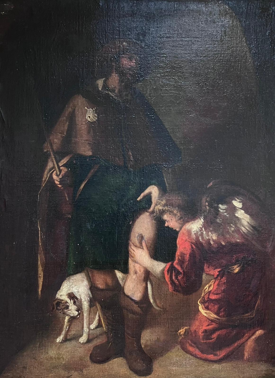 Huge 17th Century Spanish Old Master Oil Painting Wounded Pilgrim with Angel For Sale 1