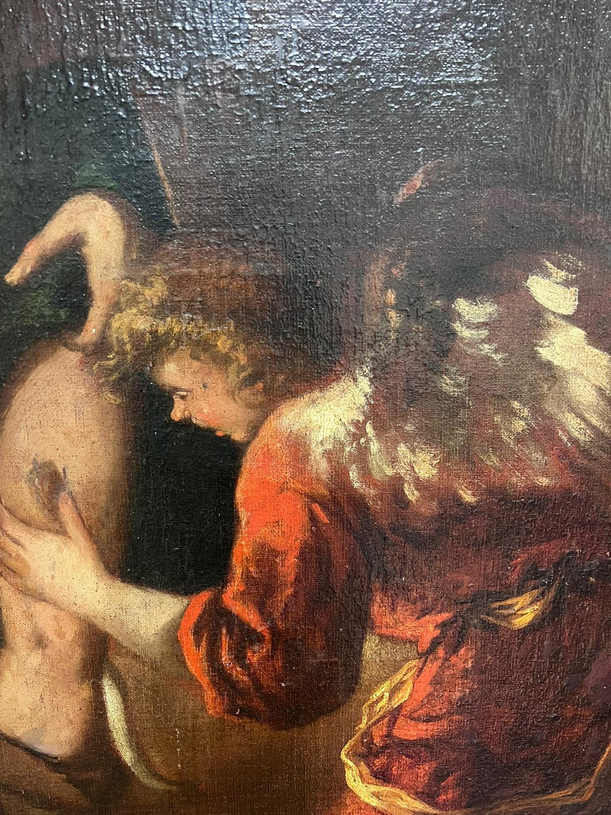 Großes spanisches Ölgemälde eines alten Meisters aus dem 17. Jahrhundert, verwundeter Pilger mit Engel, Ölgemälde (Schwarz), Figurative Painting, von Spanish Old Master
