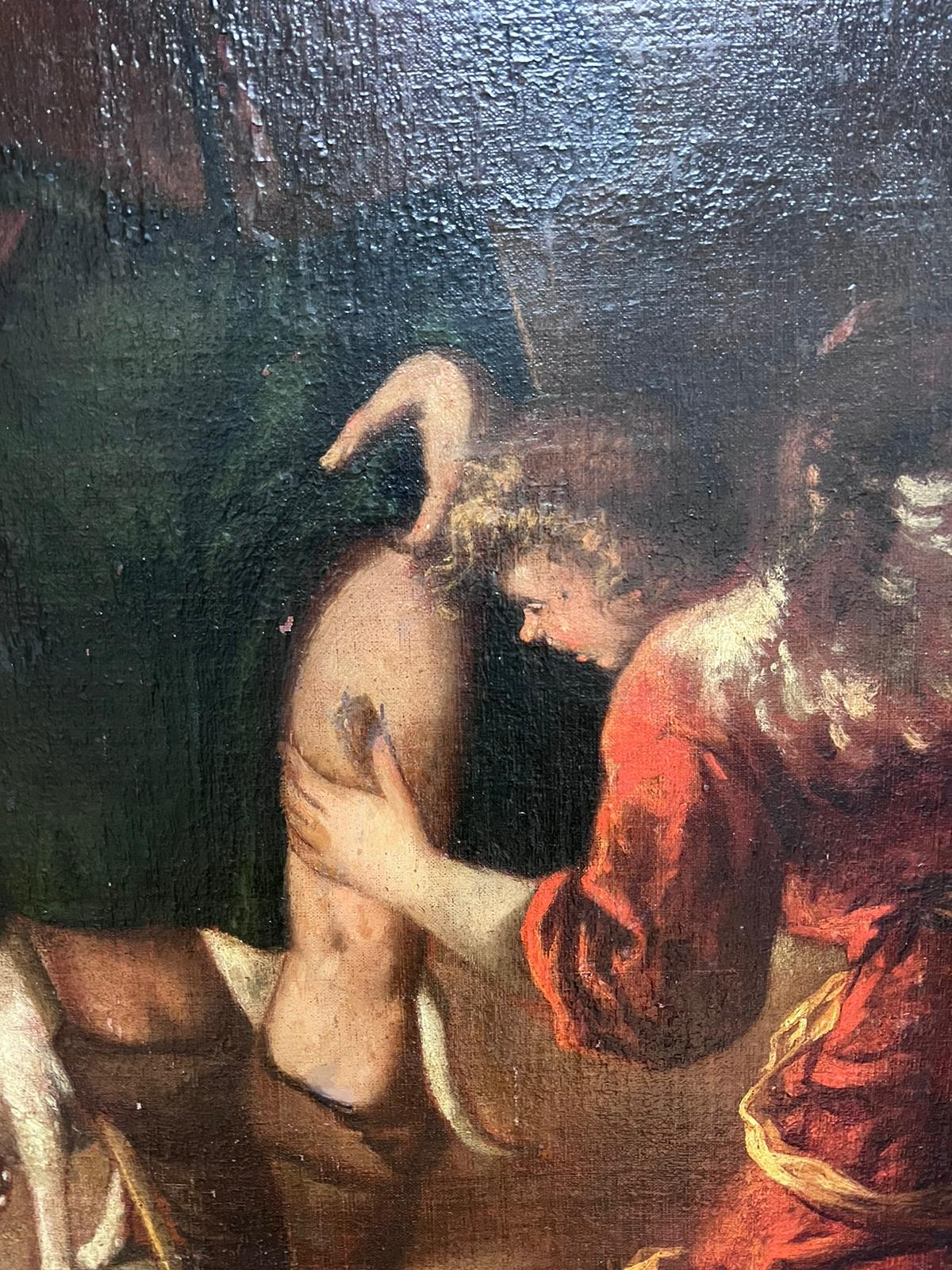 Huge 17th Century Spanish Old Master Oil Painting Wounded Pilgrim with Angel For Sale 8