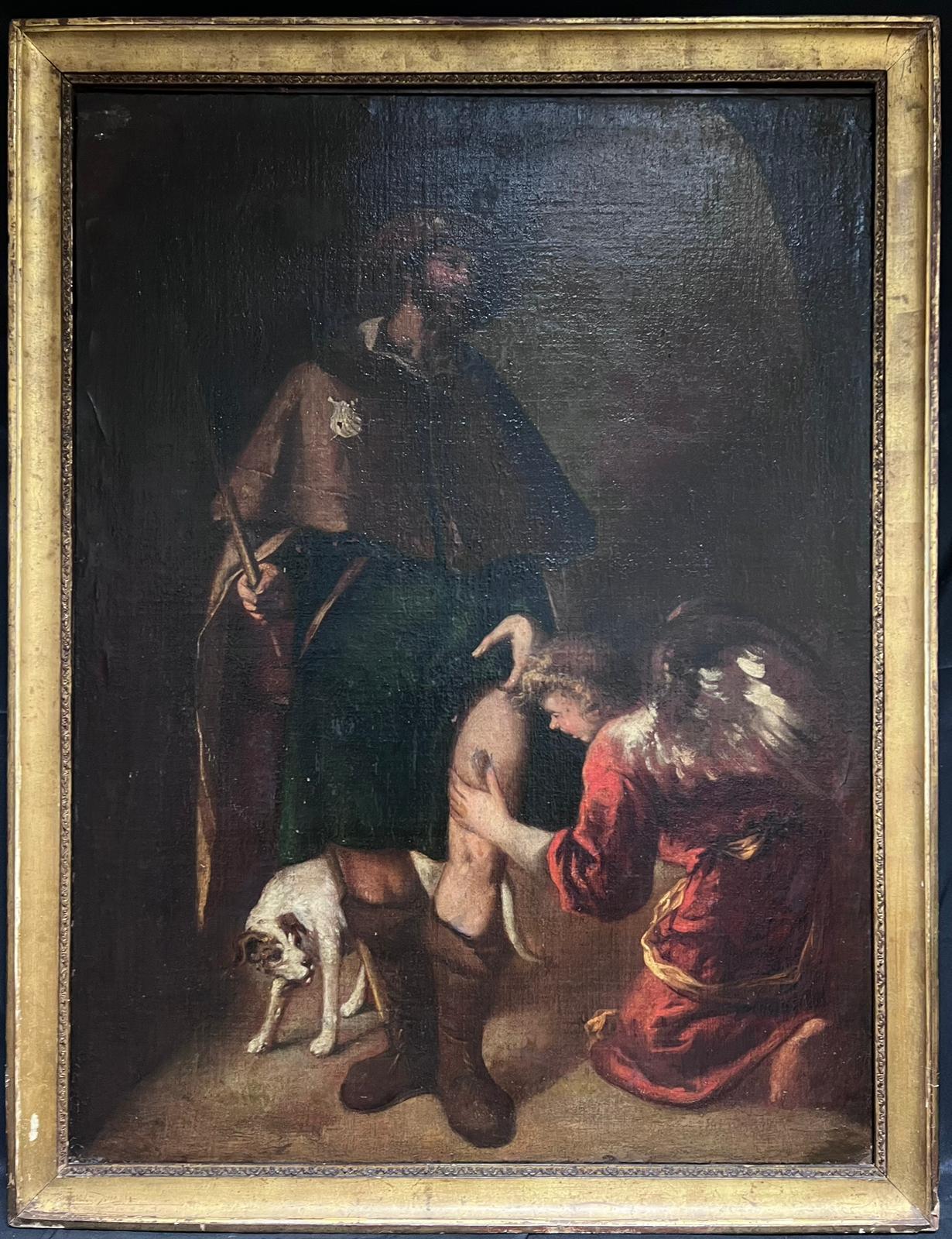 Grande peinture à l'huile espagnole du 17ème siècle représentant un pèlerin blessé et un ange