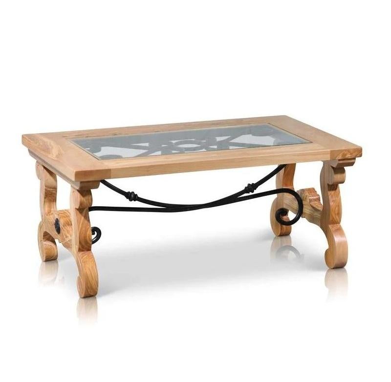 Contemporary Spanish Olive Wood and Iron Rustic Designer Coffee Table For Sale