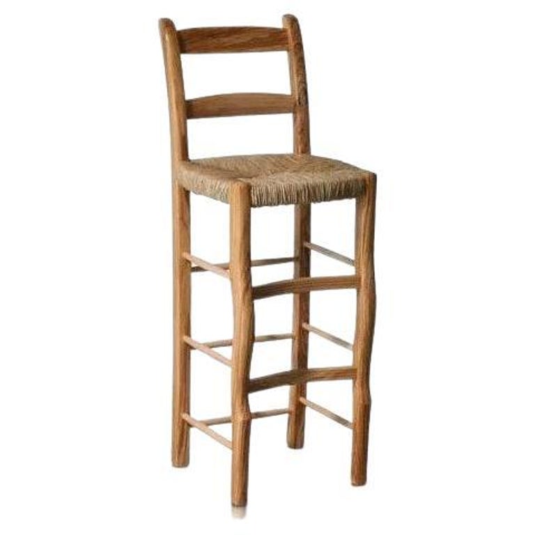 Spanish Olive Wood HandCrafted Rush Seating Bar Chairs For Sale at 1stDibs