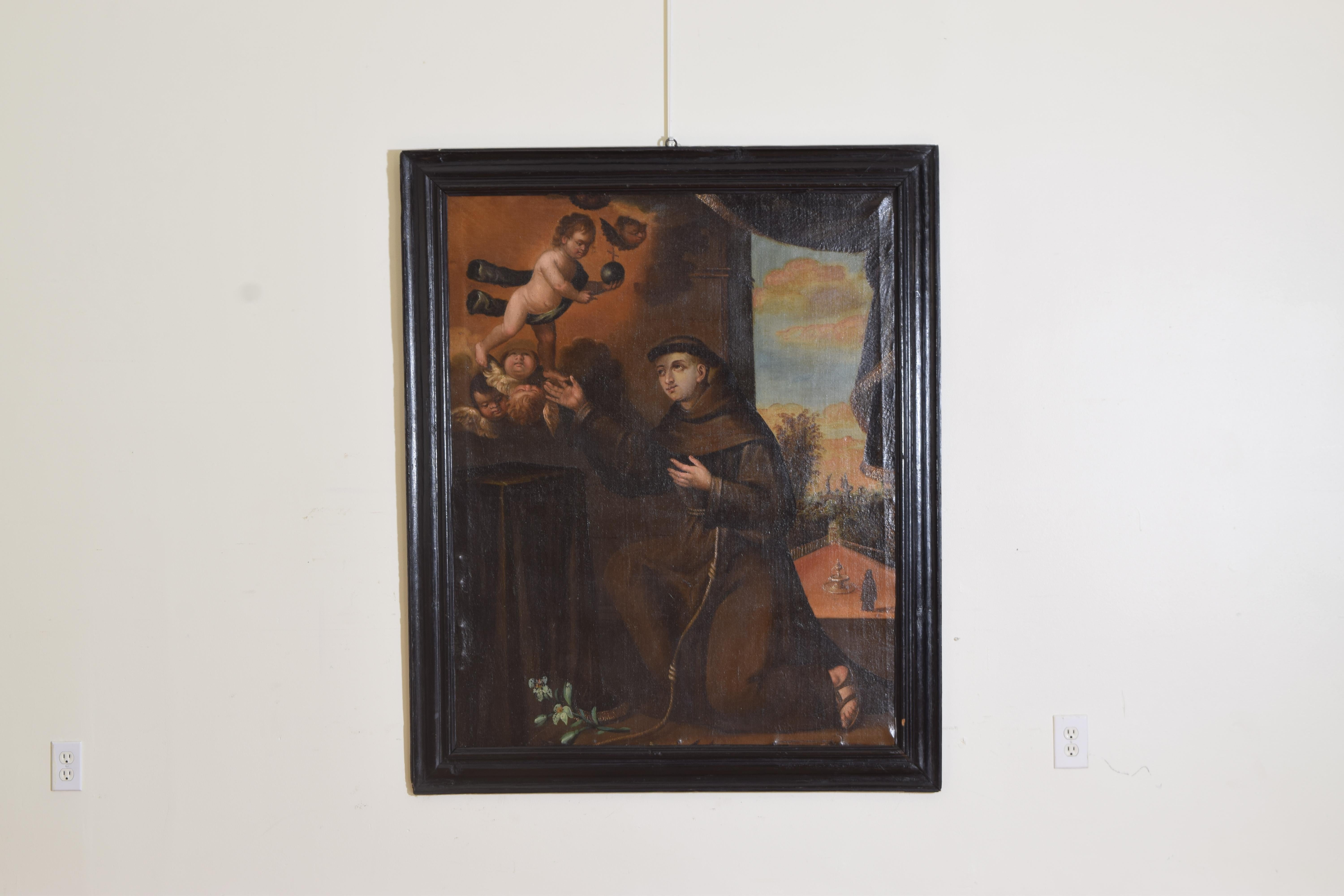 Oil on canvas depicting Saint Anthony in a garden being visited by Angelic Cherubs with a courtyard and fountain and mysterious figure in the background, the ever present Lily flower in the foreground. In a period ebonized wood frame. 

Anthony of