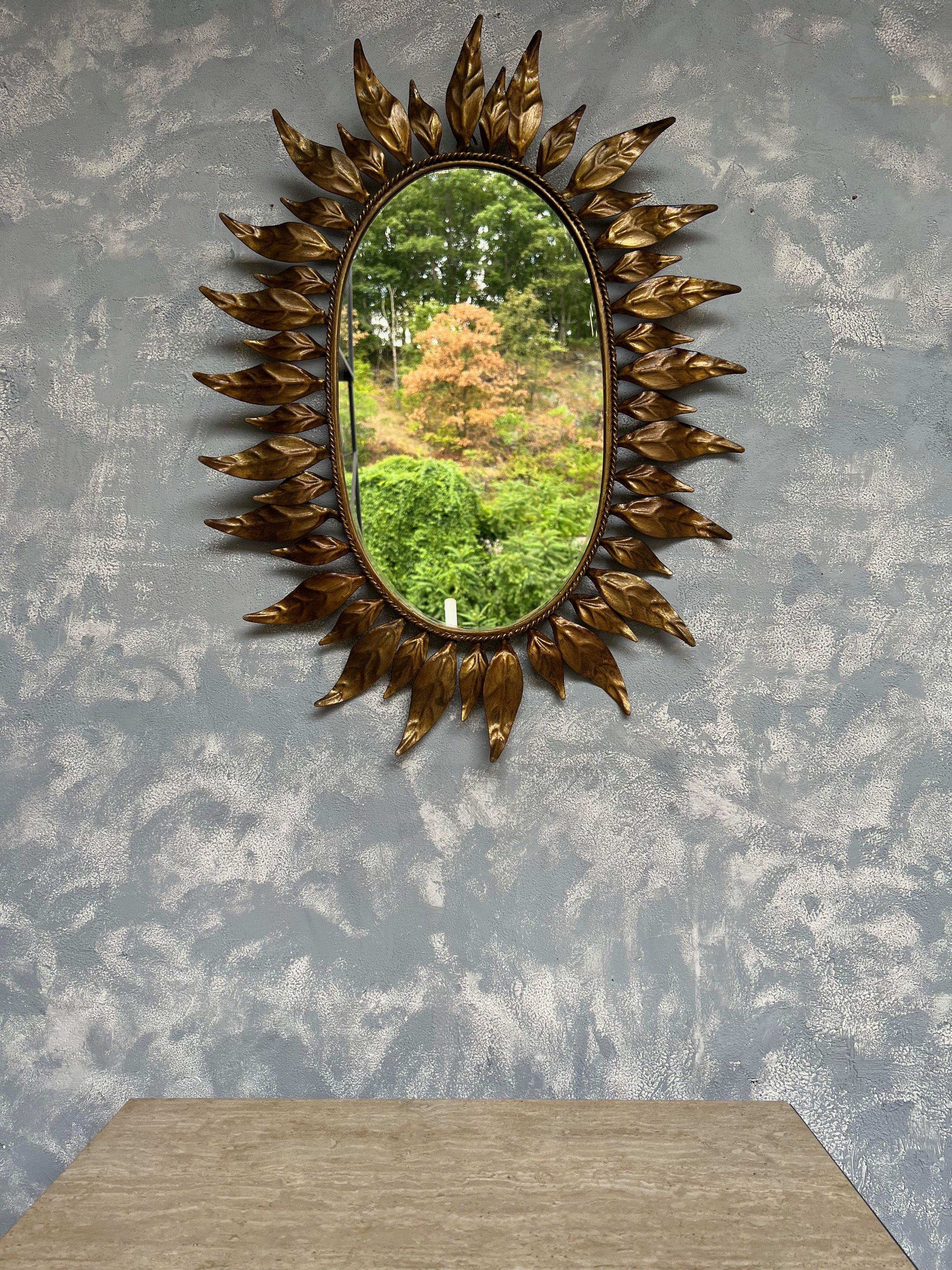 Spanish Oval Gilt Metal Sunburst Mirror With Alternating Leaves For Sale 2