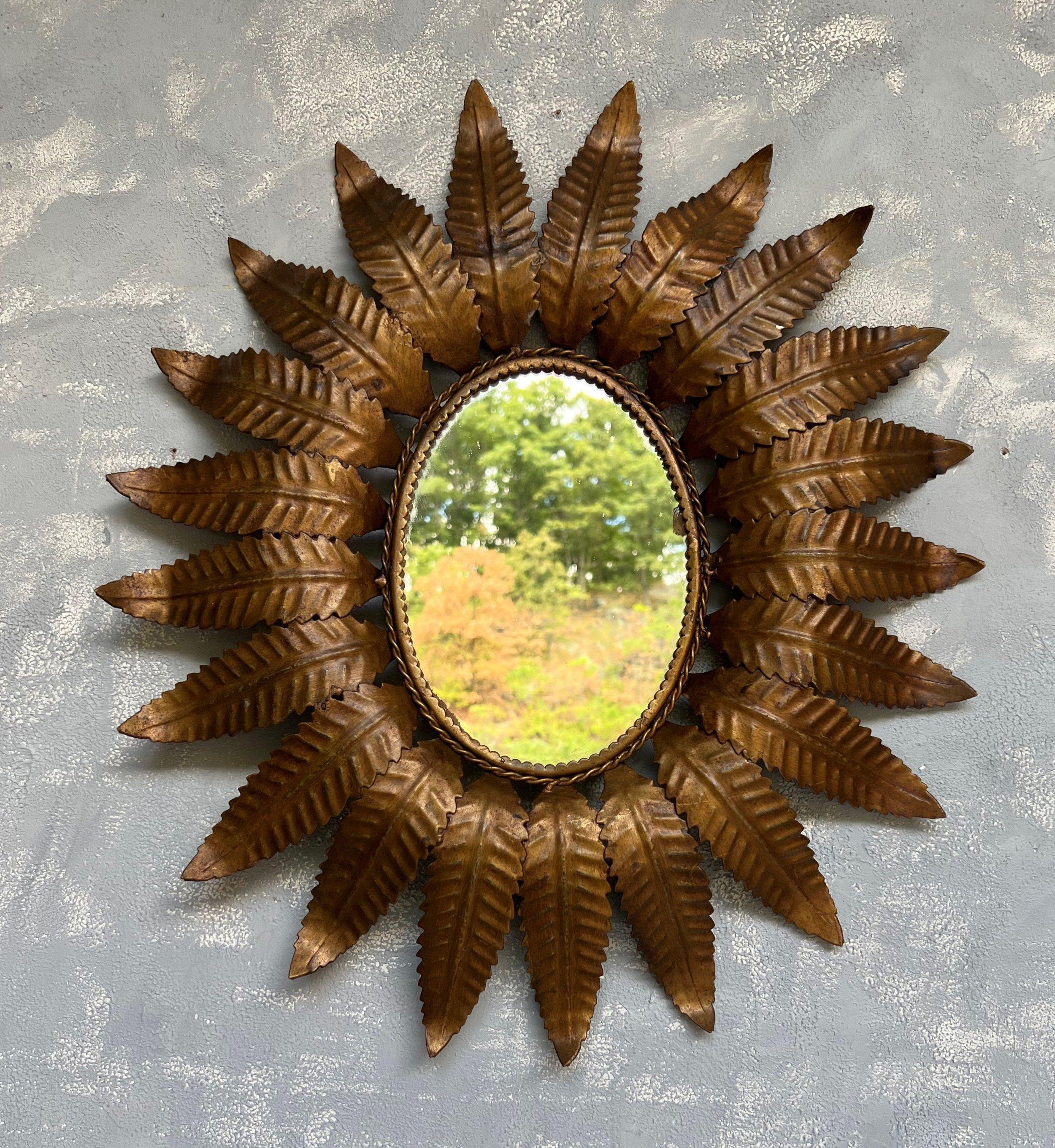 Mid-Century Modern Spanish Oval Gilt Metal Sunburst Mirror with Dark Gilt Finish
