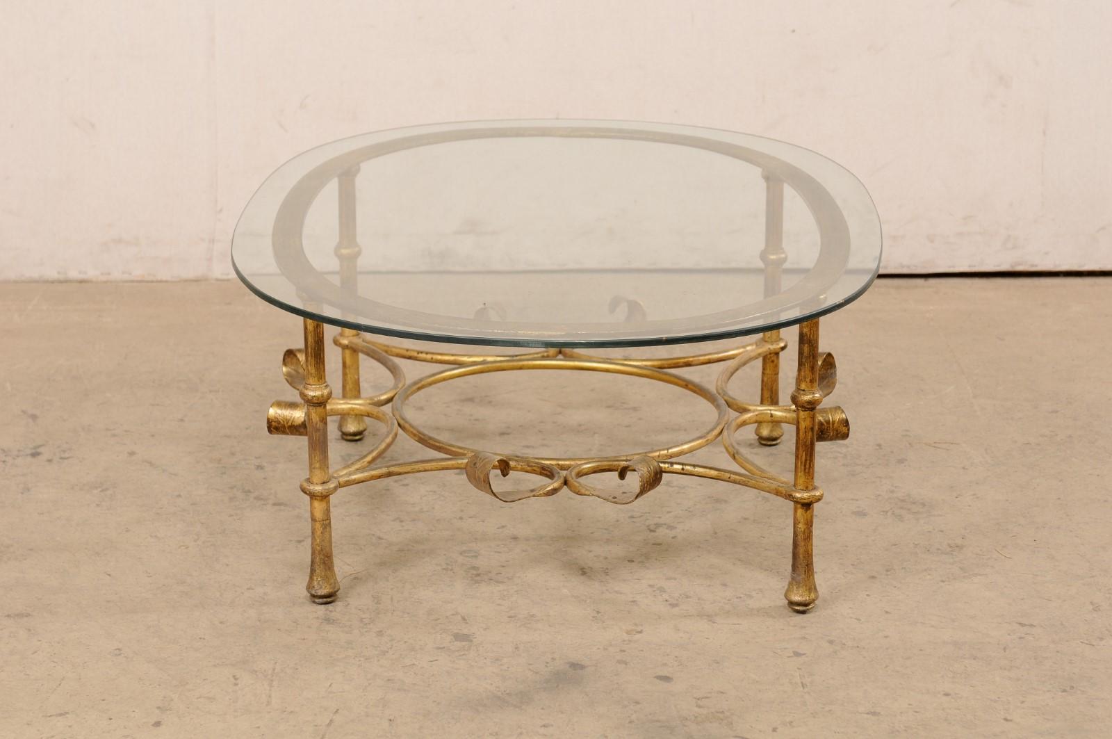Spanish Oval Glass-Top Table with Iron Base (Gold Finish), Mid 20th C. 6