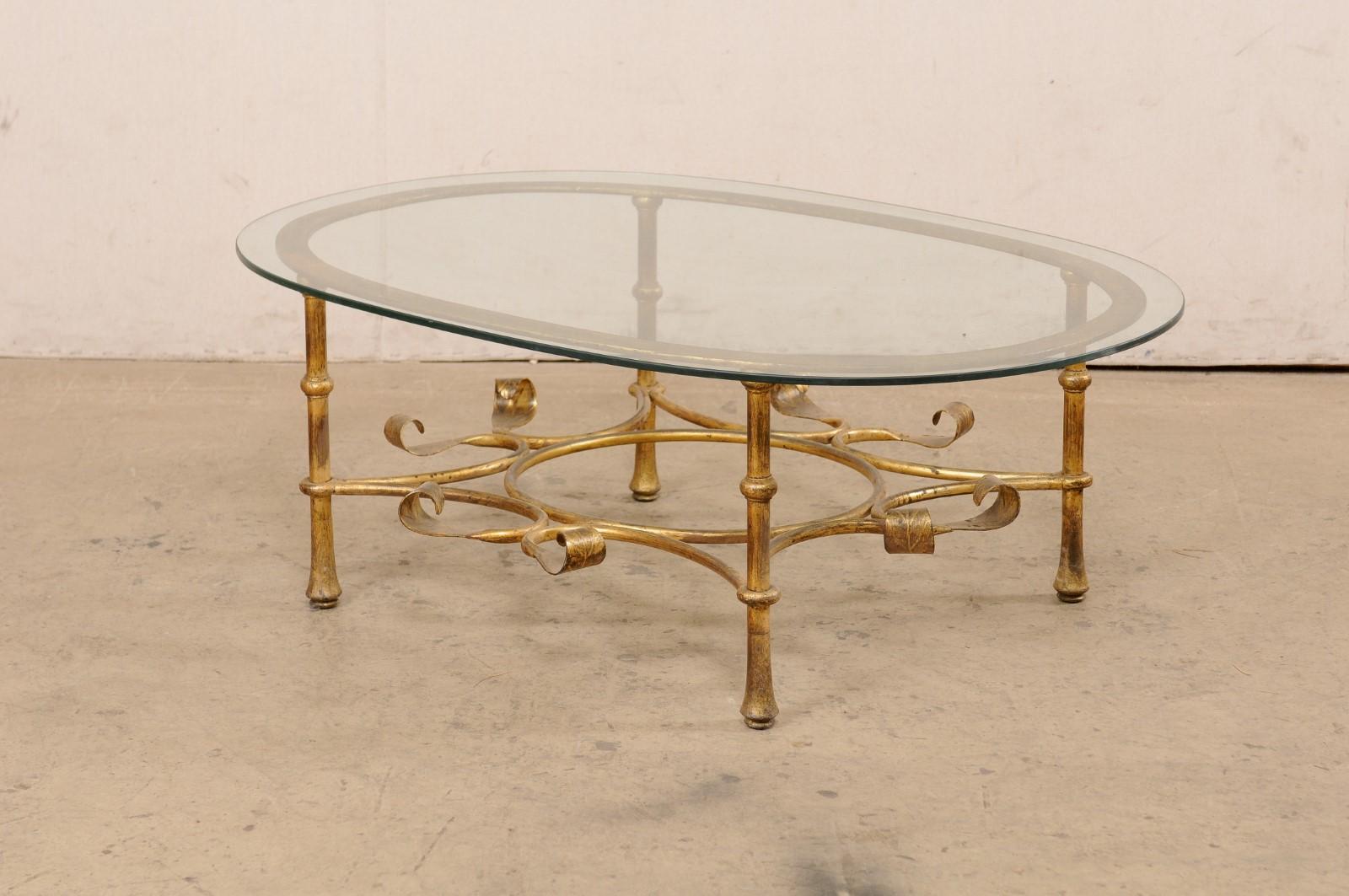 Spanish Oval Glass-Top Table with Iron Base (Gold Finish), Mid 20th C. 7