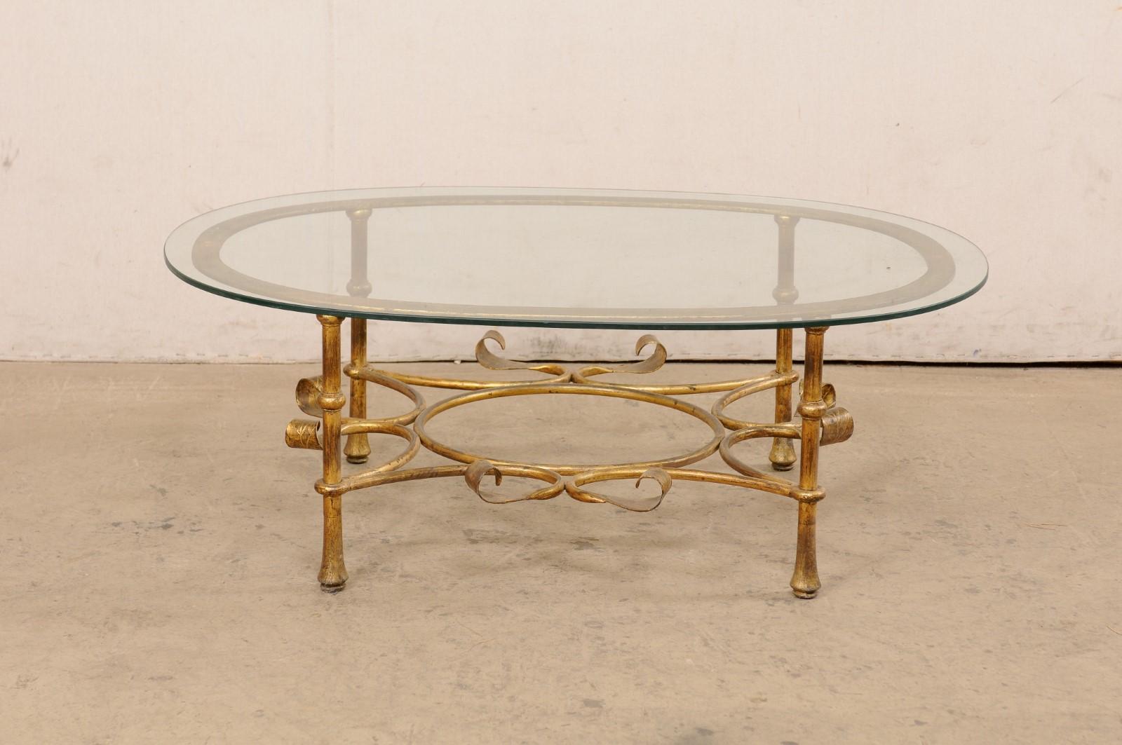 Spanish Oval Glass-Top Table with Iron Base (Gold Finish), Mid 20th C. 8