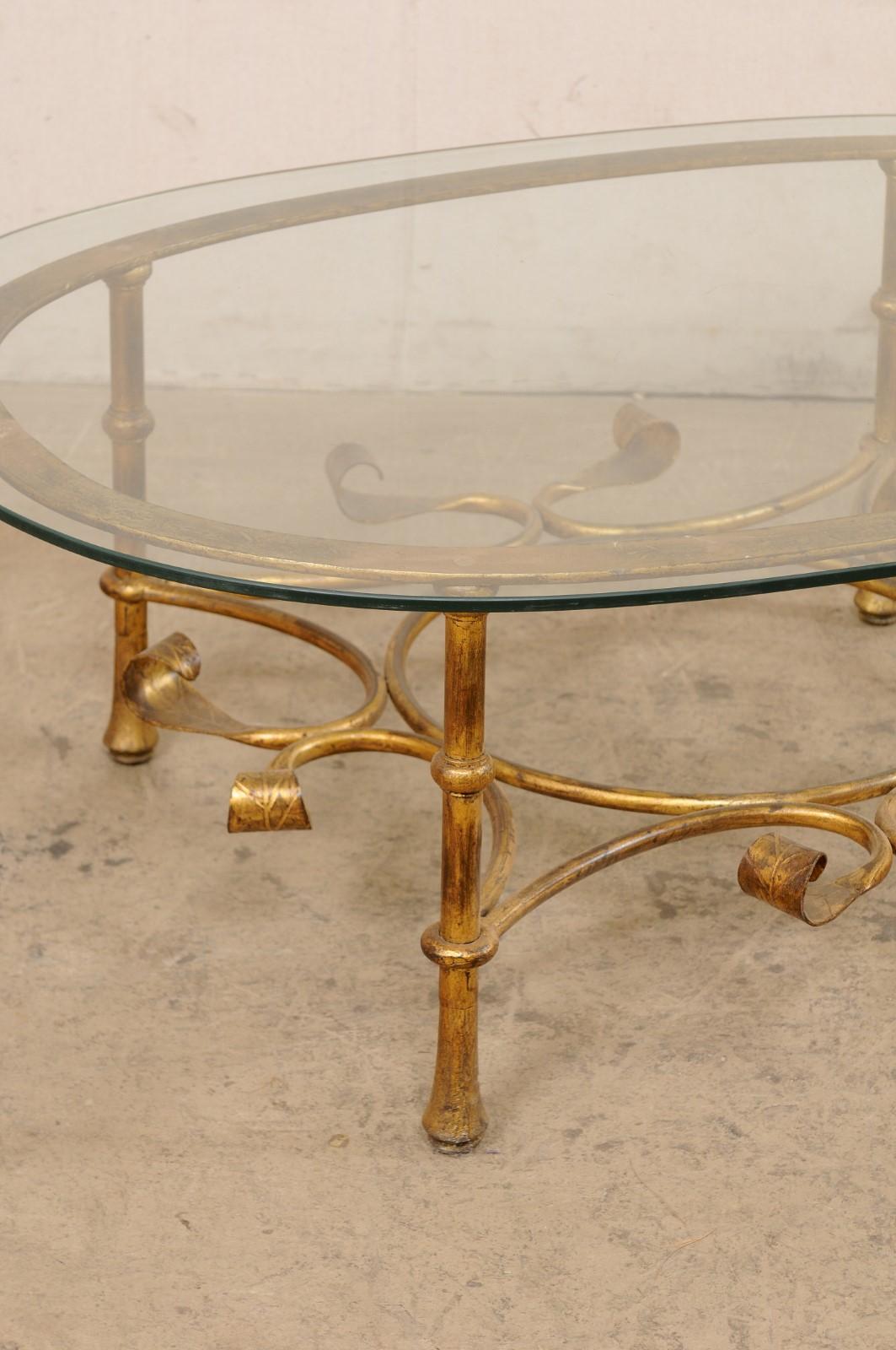 Spanish Oval Glass-Top Table with Iron Base (Gold Finish), Mid 20th C. In Good Condition In Atlanta, GA