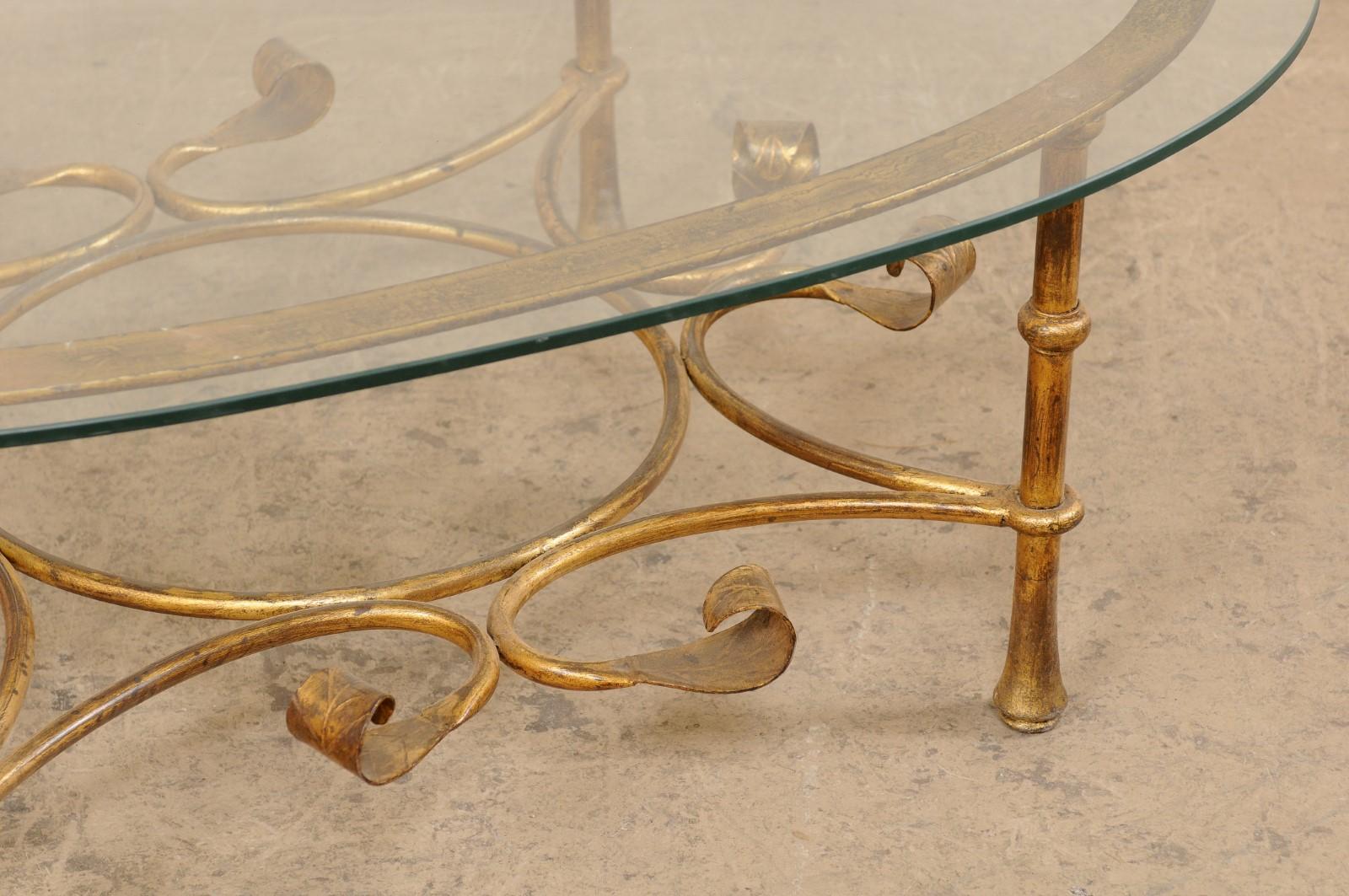 20th Century Spanish Oval Glass-Top Table with Iron Base (Gold Finish), Mid 20th C.