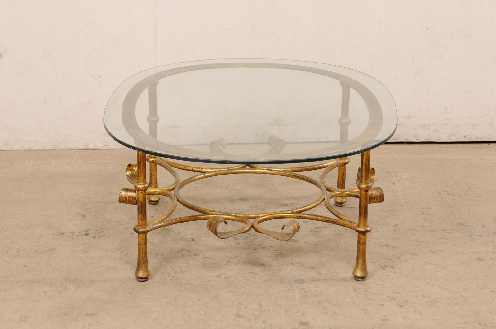 Spanish Oval Glass-Top Table with Iron Base (Gold Finish), Mid 20th C. 1